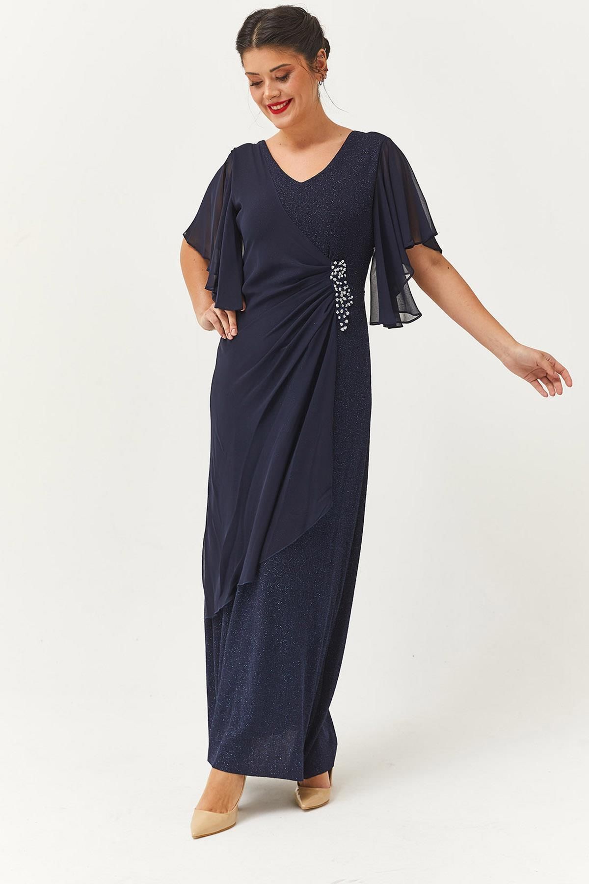 Ebsumu Kadın Şifon Kol Taşlı Asimetrik Detaylı Uzun Lacivert Abiye & Gece Elbisesi