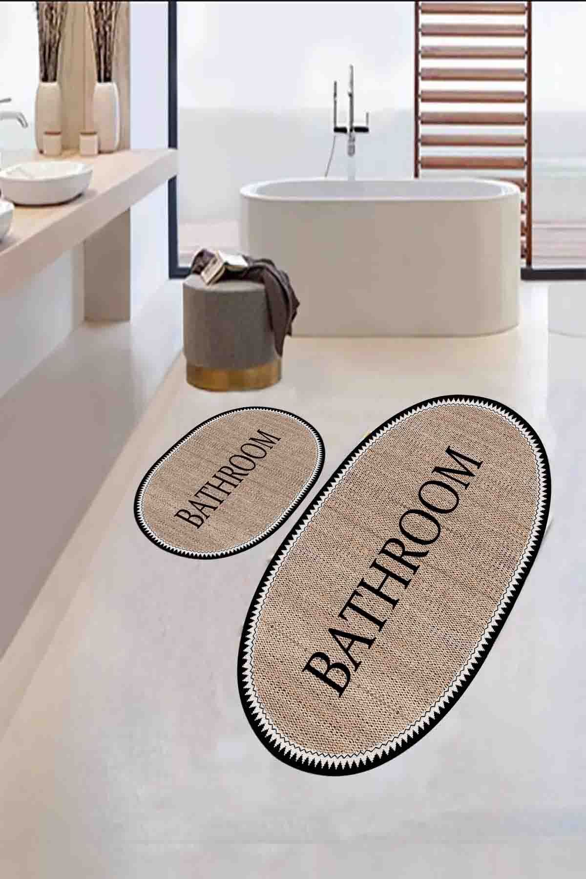 eco concept Kaymaz  Yıkanabilir Banyo paspası, Bathroom Yazılı, Estetik, Oval, Jüt Görünümlü Paspas