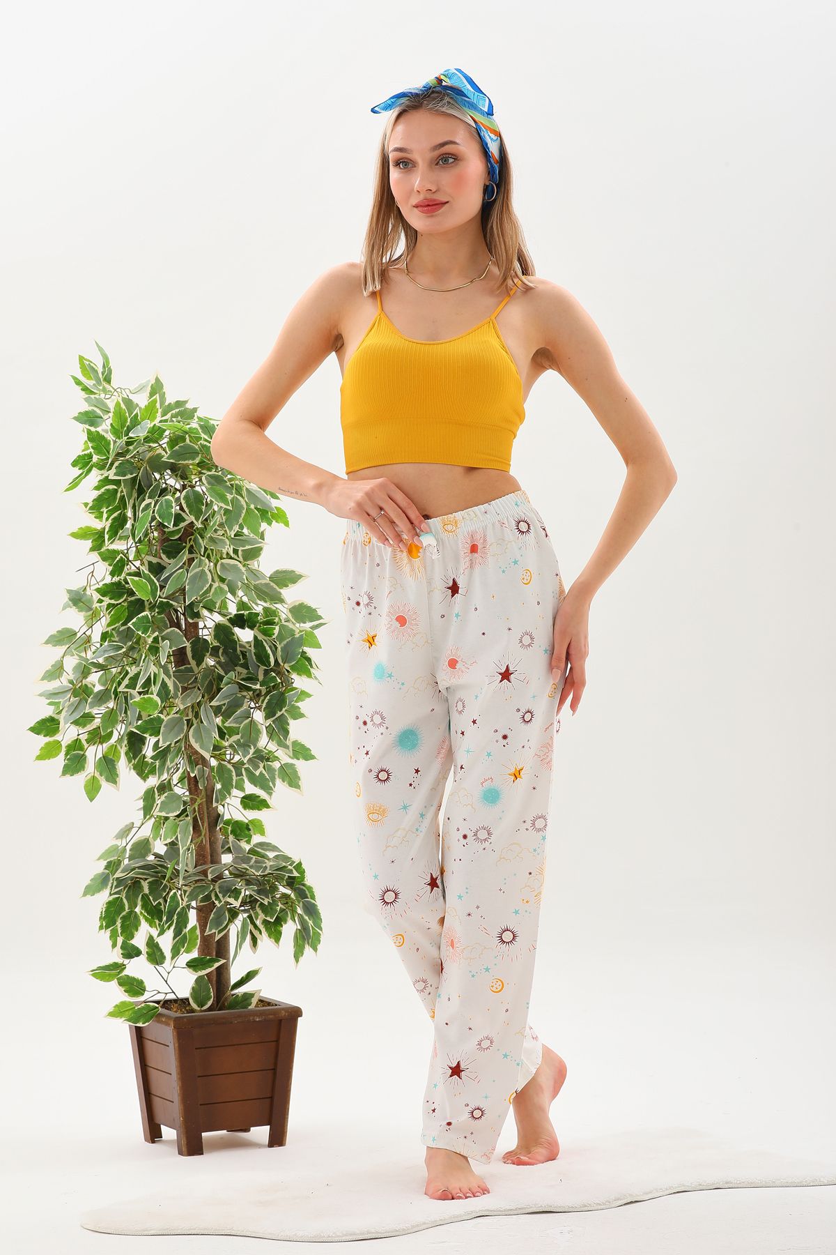 Arvin Pijama Kadın Güneş Baskılı %100 Pamuklu Yumuşak Örme Pijama Altı
