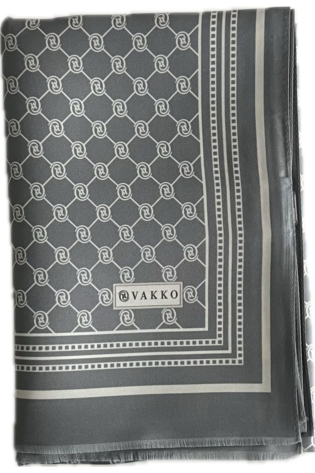 Vakko Monogram İpek Tivil Şal Gri-Beyaz Özel Seri 300088