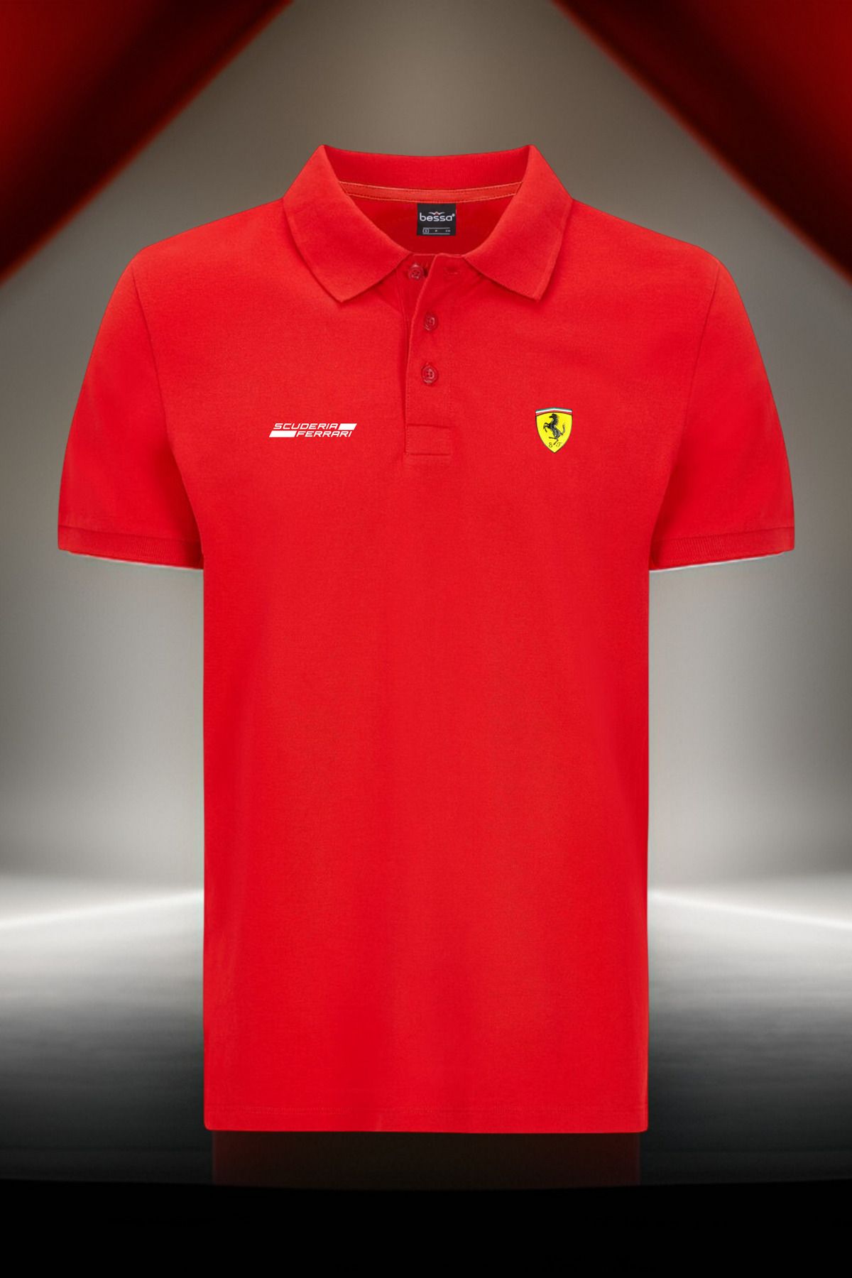 BESSA Erkek Ferrari Scuderia Baskılı Polo T-Shirt Pamuklu Kumaş Cepsiz