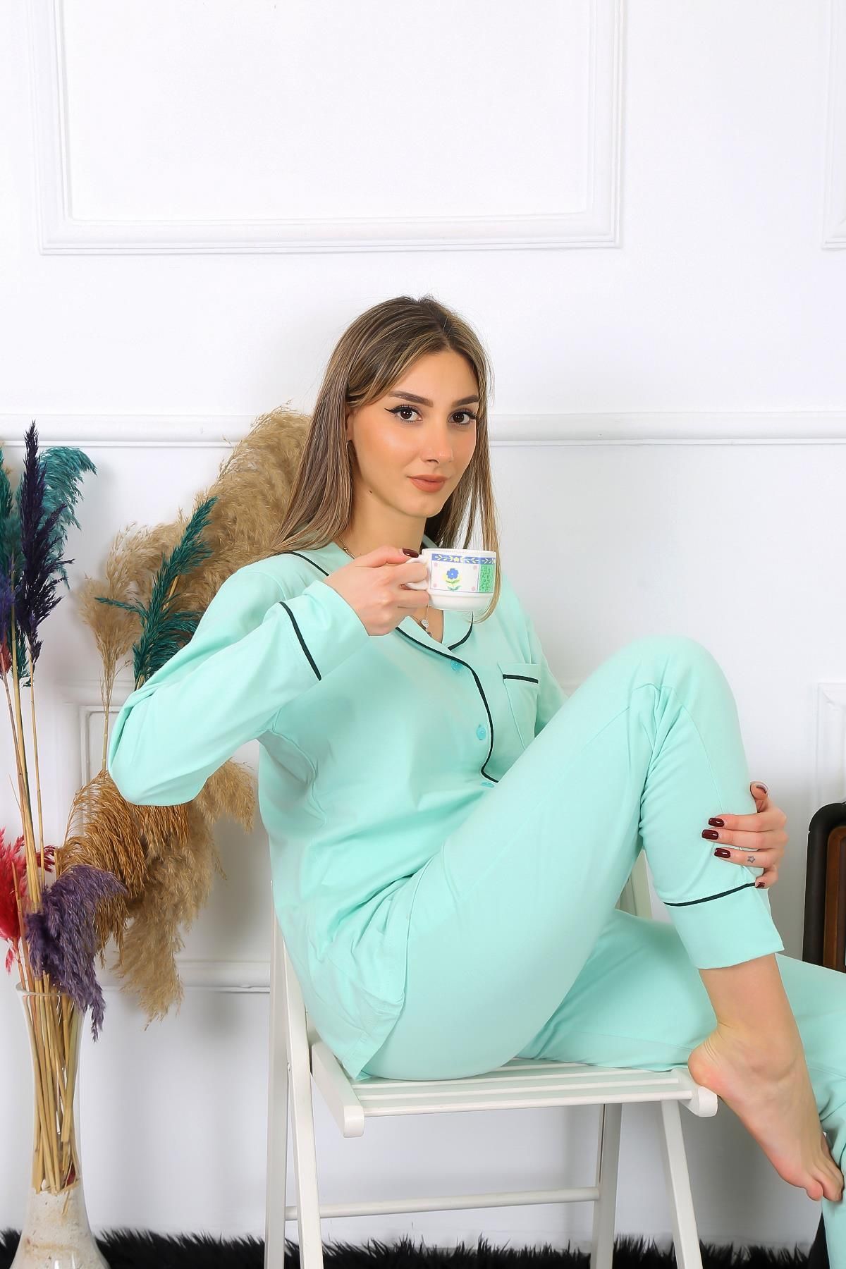 Akbeniz Kadın Pamuk Penye Önden Düğmeli Uzun Kol Su Yeşili Pijama Takım 2782