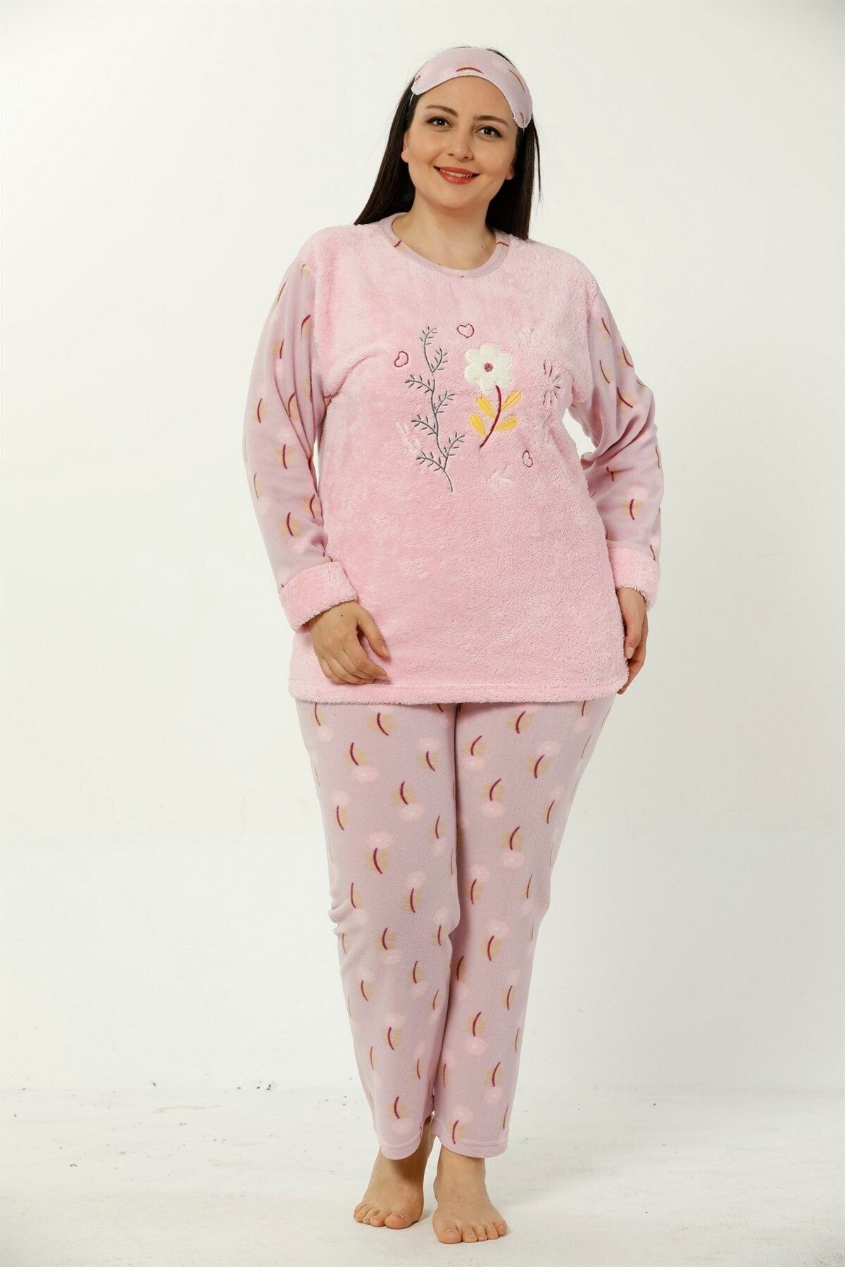 Akbeniz Büyük Beden Kadın Çiçek Desenli Pembe Polar Pijama Takımı 8041