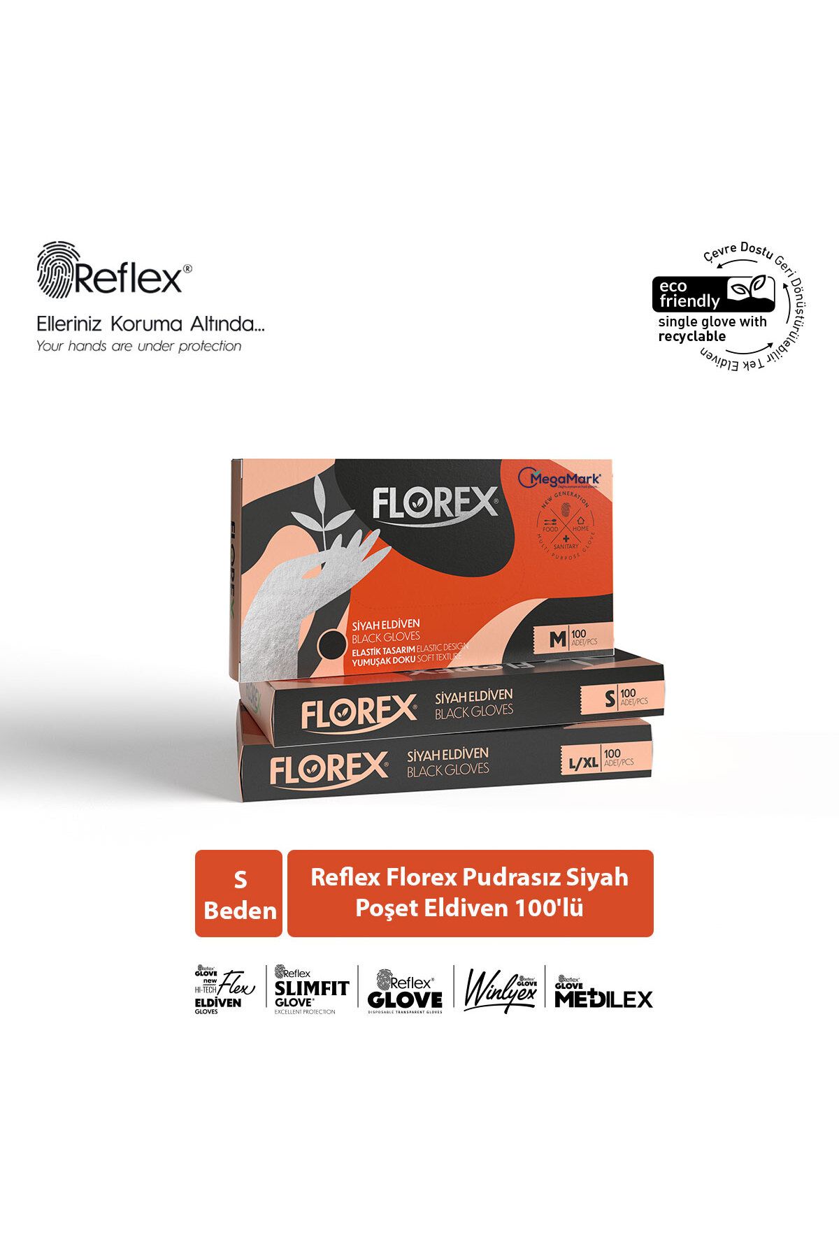 Reflex Florex Pudrasız Siyah Poşet Eldiven S Beden 100'lü