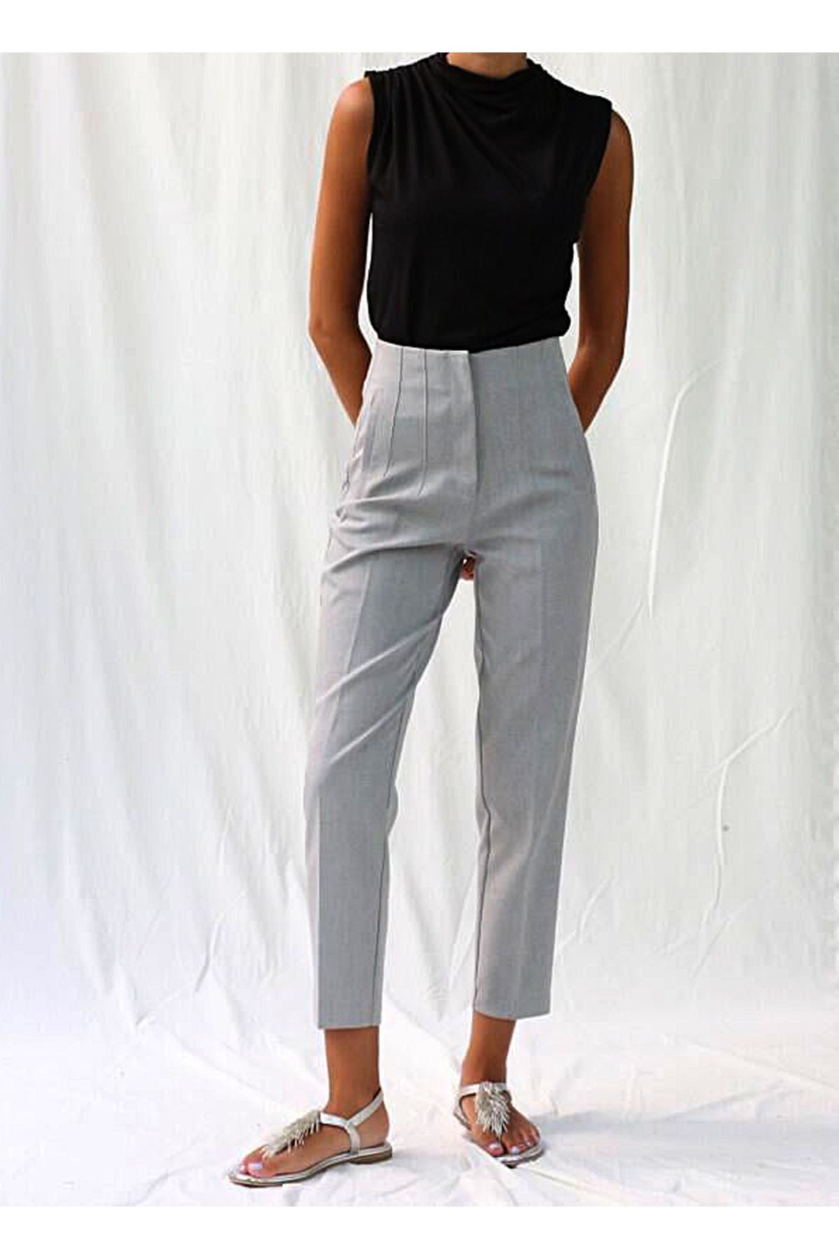 Karol Kadın Gri Önü Flatolu Yüksek Bel Zr Model Kumaş Pantolon