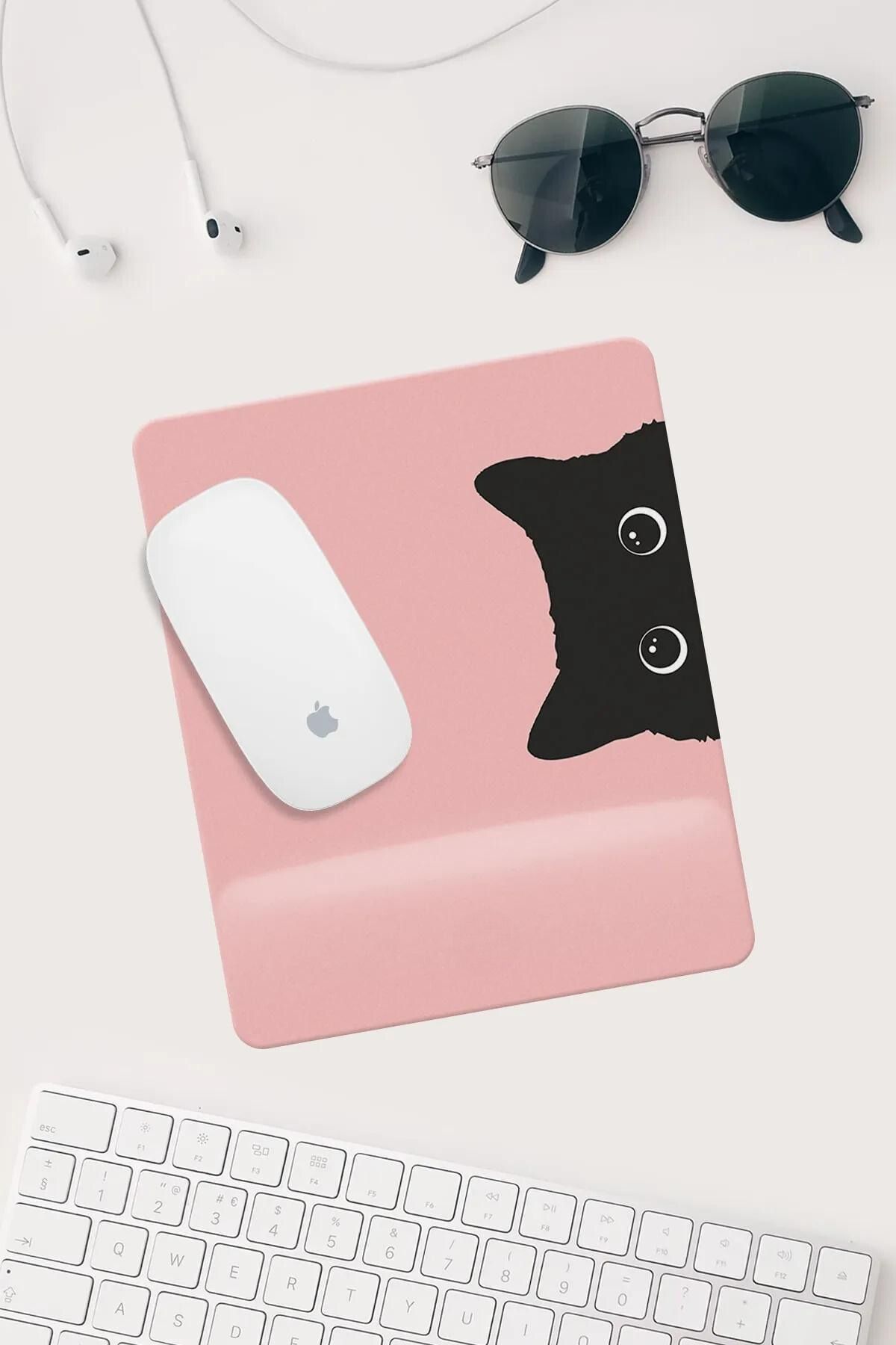 HobiShop Pembe Kedi Çizimli Bilek Destekli Dikdörtgen Mouse Pad Mouse Altlığı.