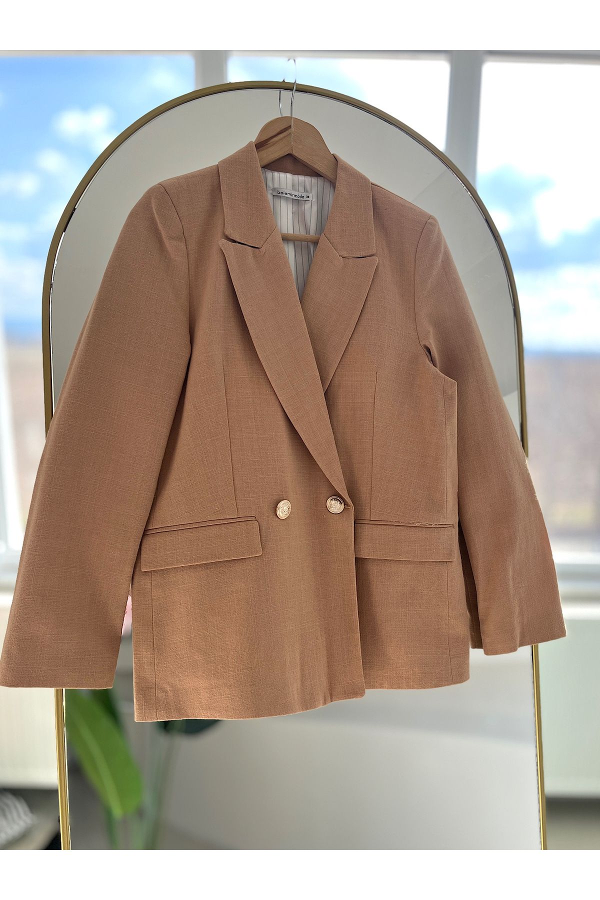 hepsi moda Astarı Çizgili Keten Blazer Ceket - 7828 - BLR - Camel