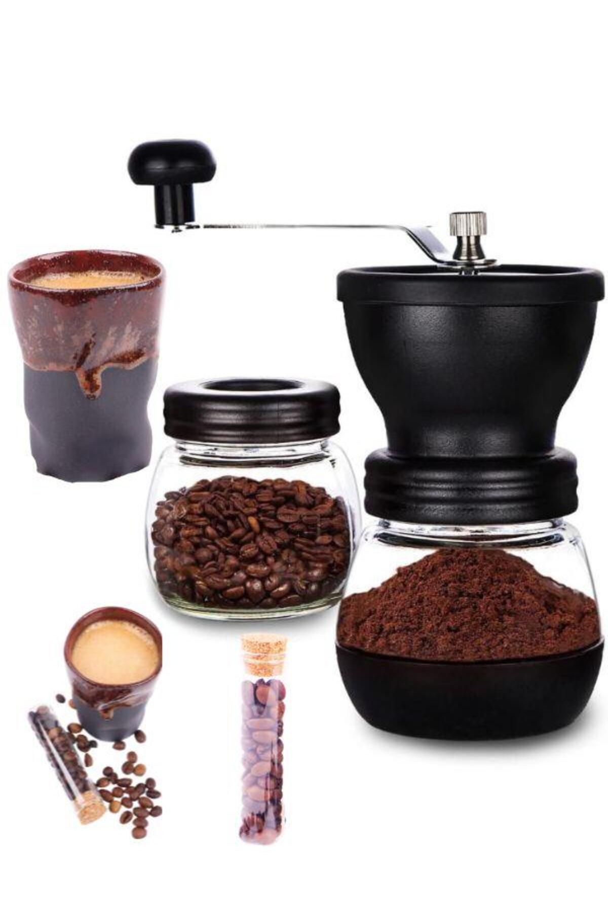 PERLOTUS Seramik Öğütücülü El Tipi Çevirmeli Kahve Değirmeni ve Espresso Fincanı Seti (Kahve Hediyeli)