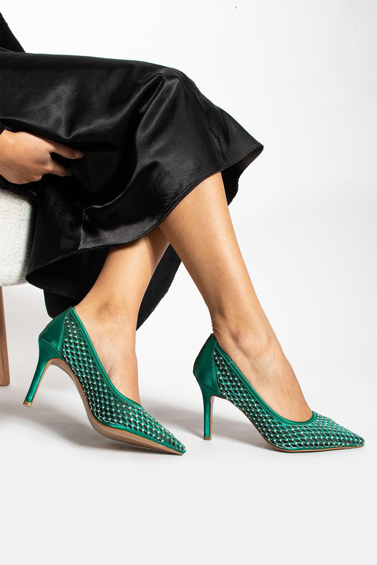 Gökçe Shoes Sidney Yeşil Taşli Gerçek Deri Kadin Topuklu Ayakkabı