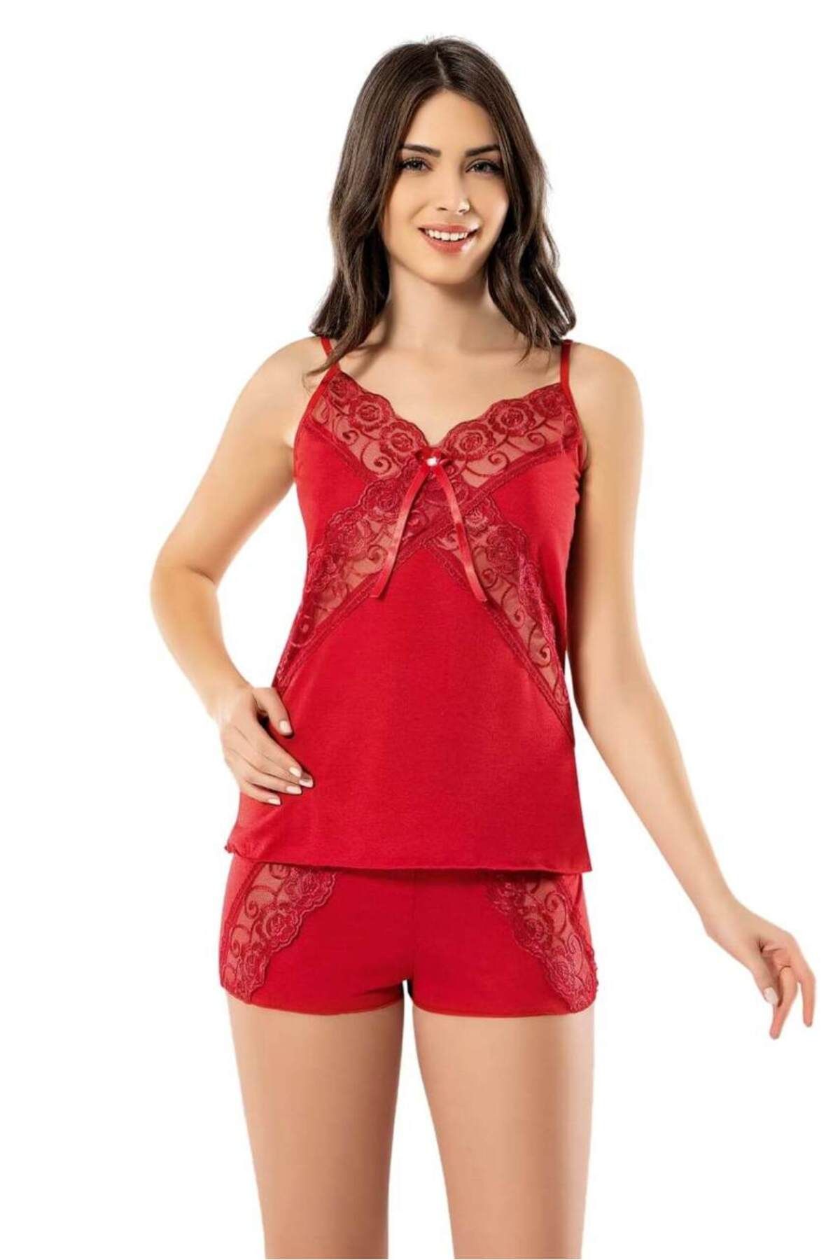 MENBOX Kadın Kırmızı Çapraz Dantelli Şortlu Takım Ev Giyim Pijama Gecelik 6339