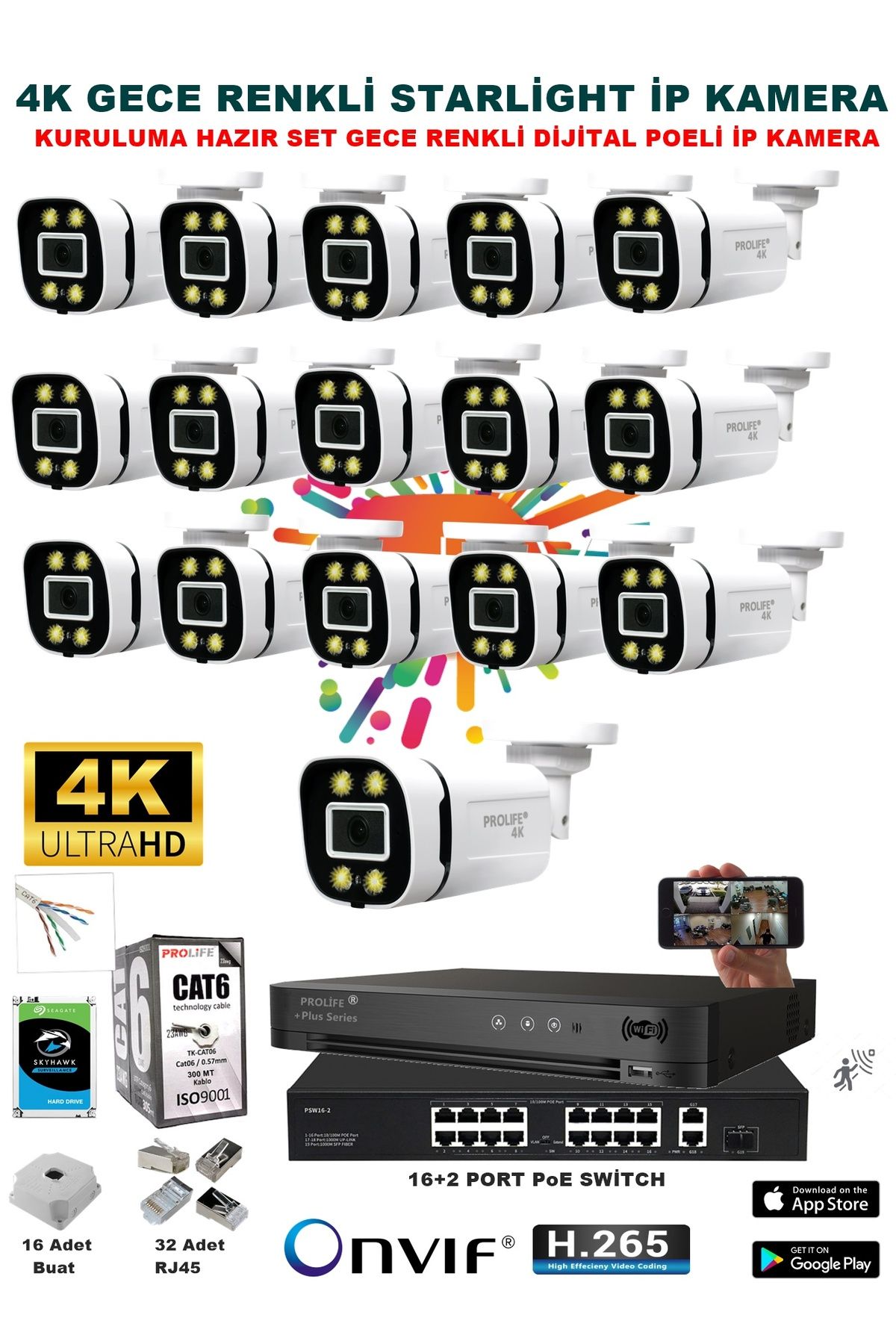 PROLİFE 16 Kameralı Sesli 4k 1440p Full Hd Poeli Ip Kamera Gece Renkli Ultra Hd Çözünürlük Kamera Sistemi
