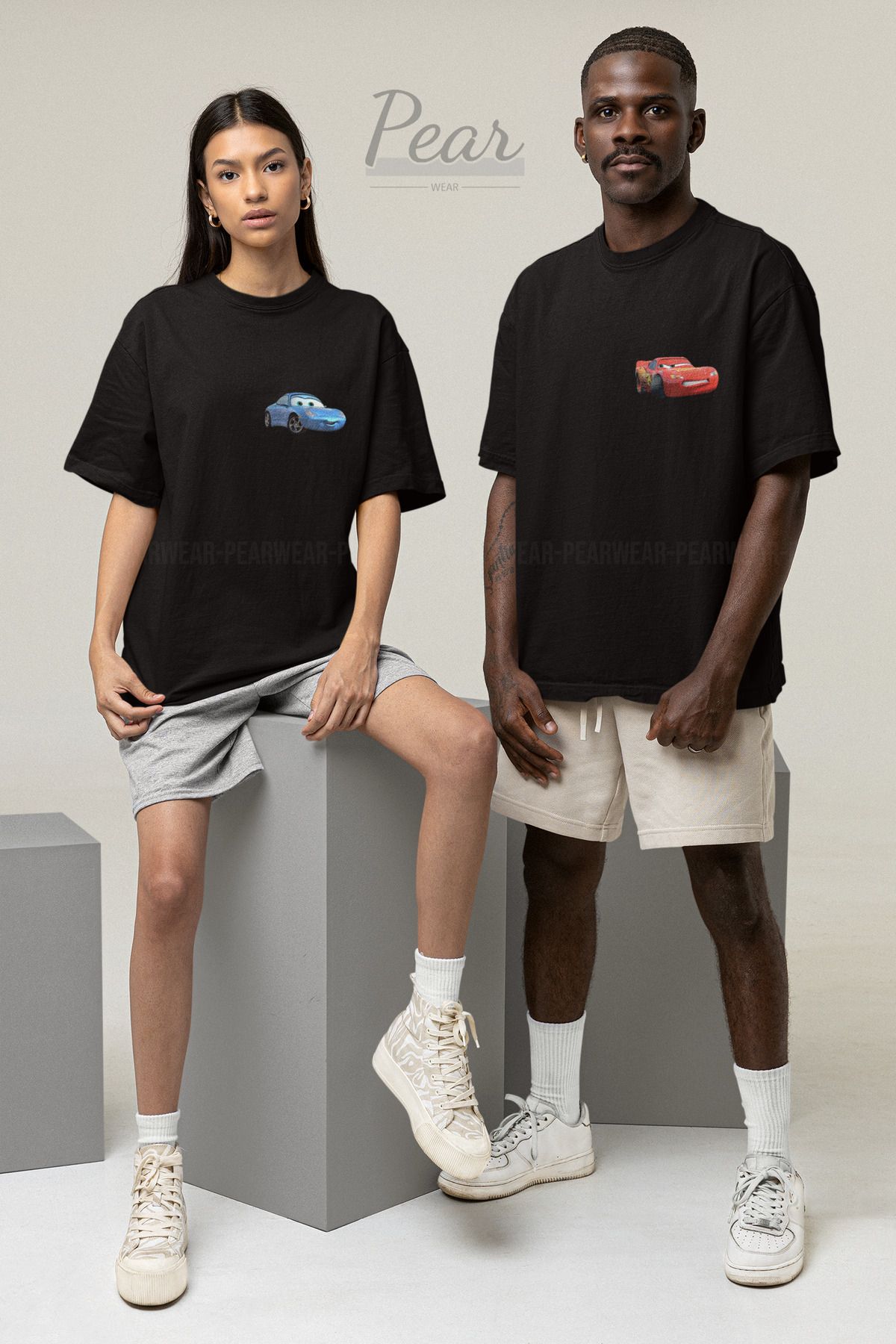 Pear Wear Sally & Mcqueen Cars Baskılı 2'li Tişört Sevgili Unisex Çift Oversize T-shirt