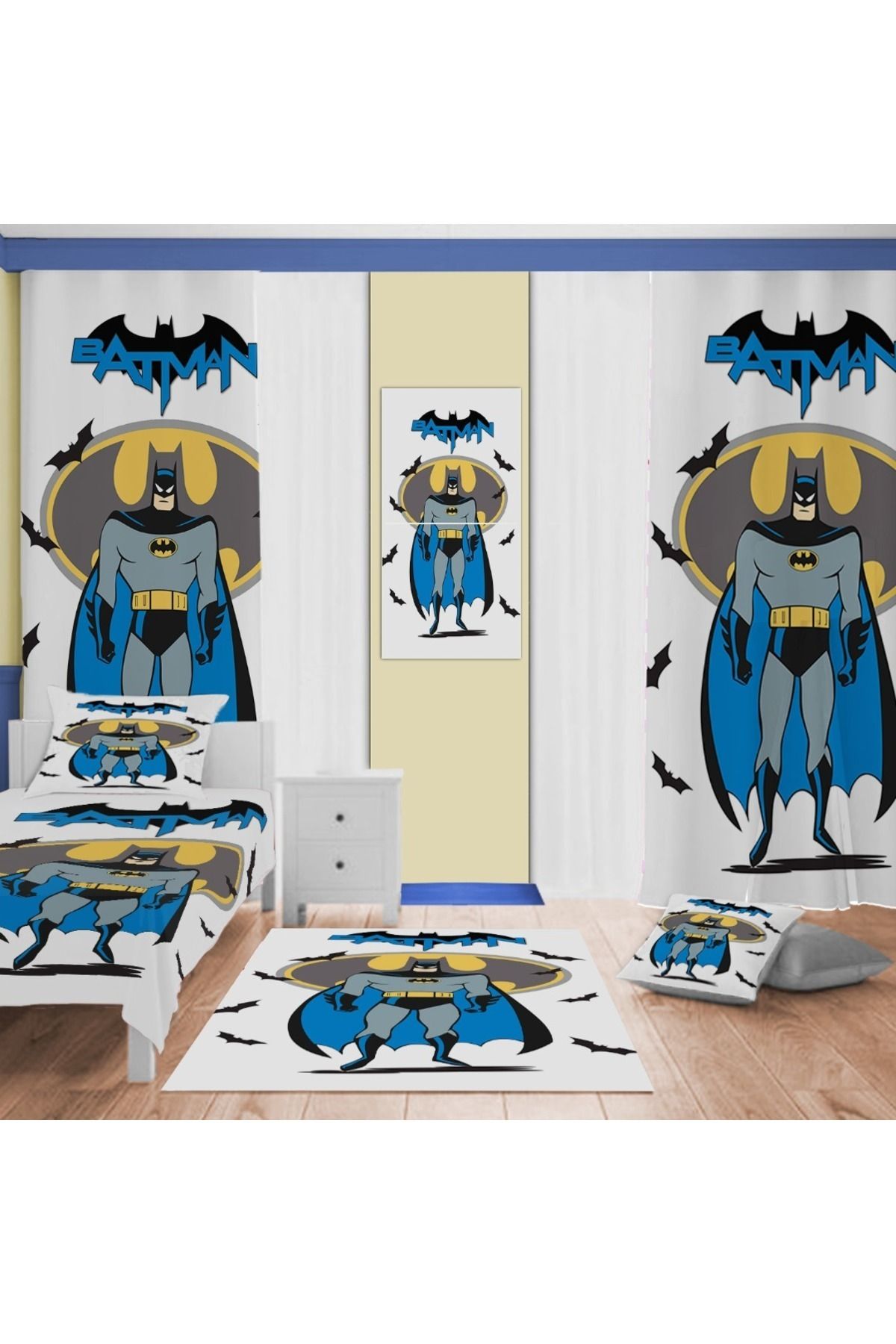Evan Home Beyaz Batman Desenli Çocuk Odası Takım Perde (iki Kanat),Yatak Örtüsü,Yastık,Kırlent ,Halı,Tablo