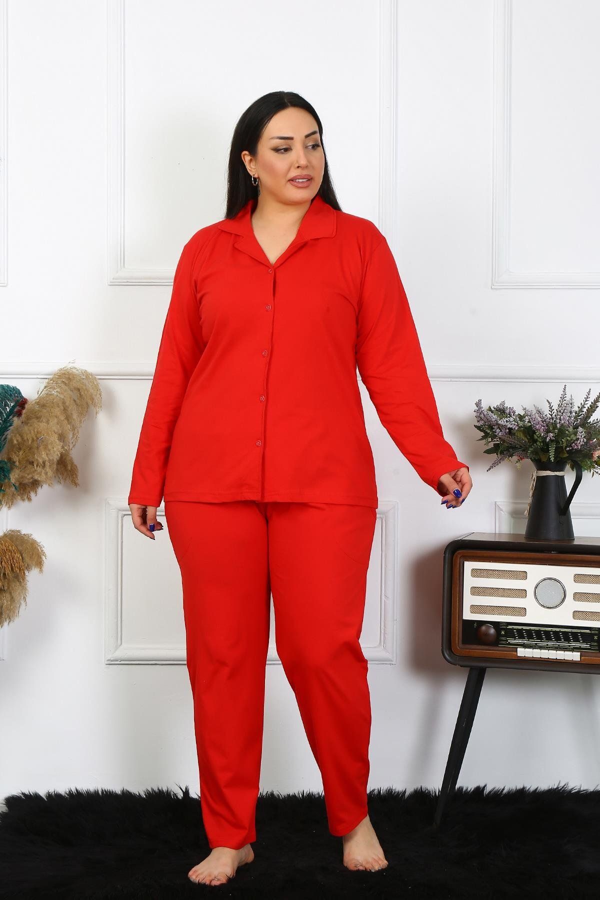 Akbeniz Kadın Büyük Beden Pamuklu Cepli Düğmeli Kırmızı Pijama Takım 202401