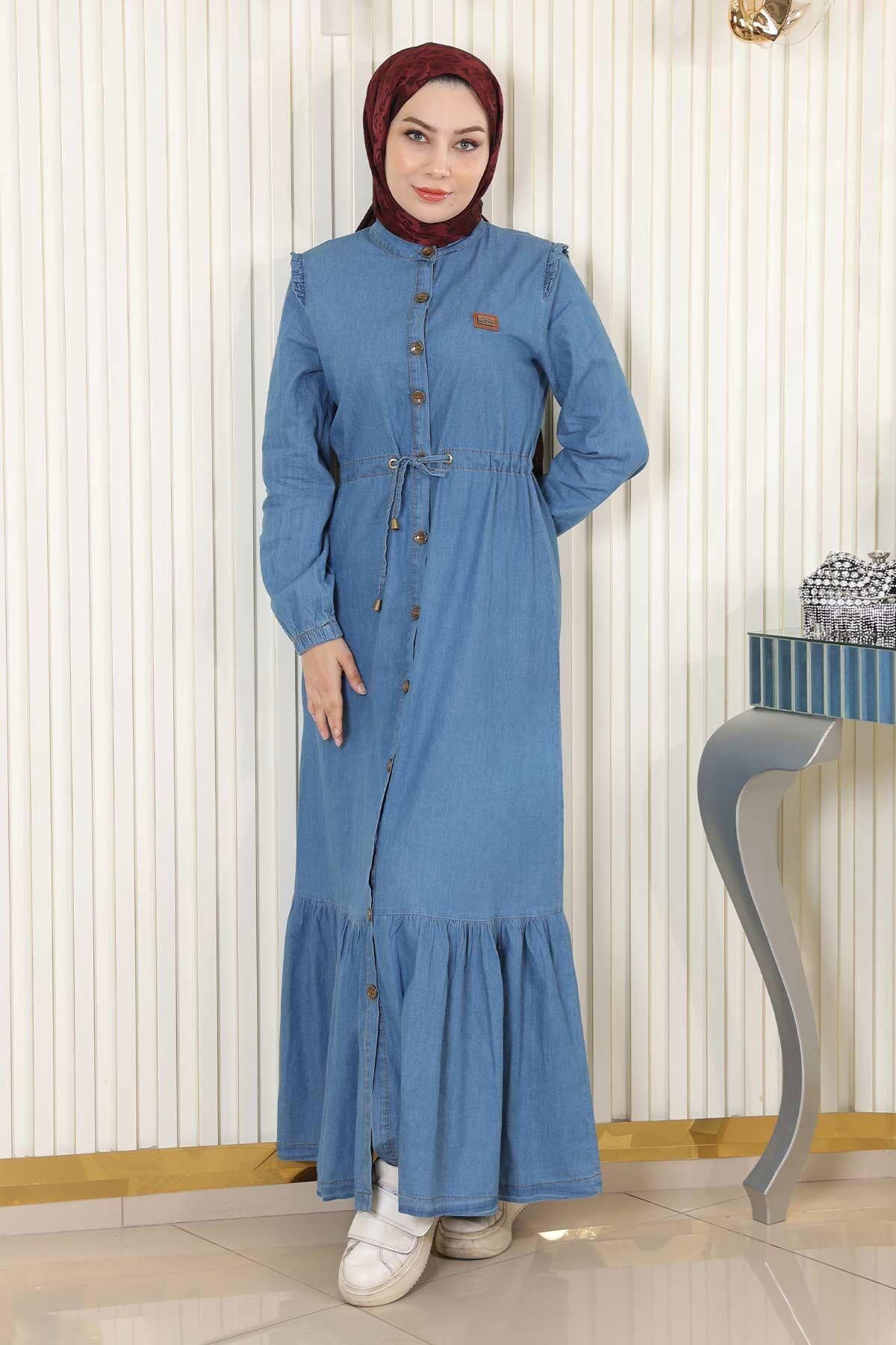 ModaMihram Beli Bağcıklı Düğmeli Kot Elbise Açık Mavi 19193