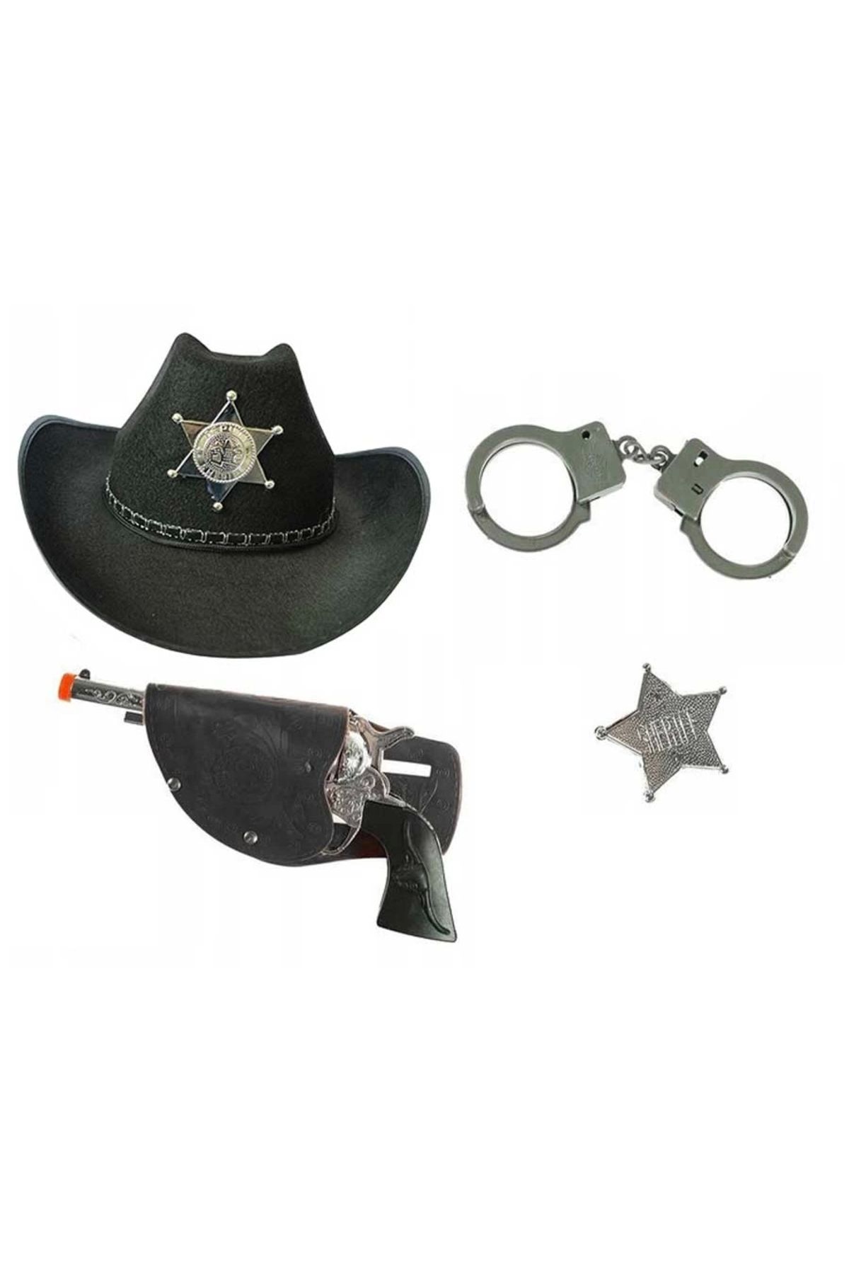 Skygo Çocuk Boy Siyah Şerif-kovboy Şapka Tabanca Rozet Ve Kelepçe Seti 4 Parça