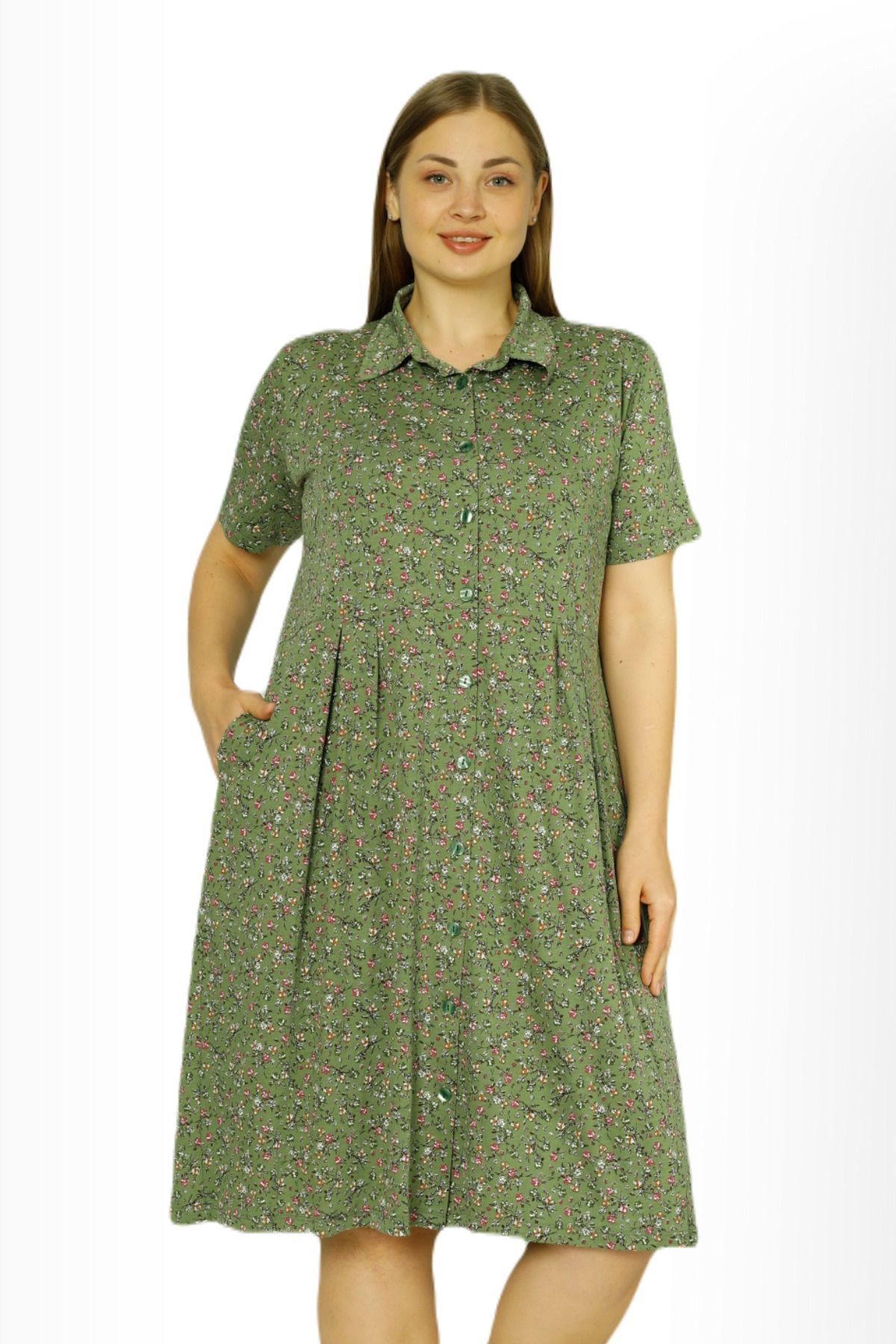 İntensive kadın desenli boydan düğmeli kısa kollu pamuklu büyük beden elbise