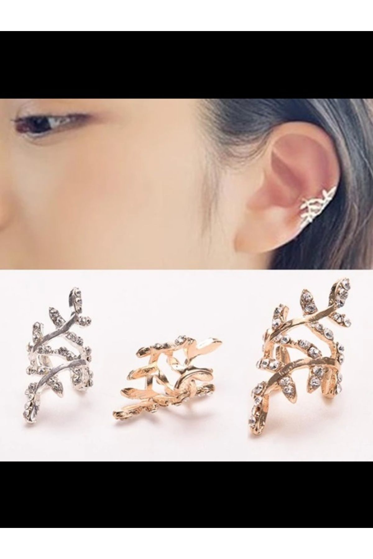 Shisa Jewel Altın Retro kristal küpe Rhinestone yaprak kulak manşet küpe kulak klipsi kadın moda takı(06)