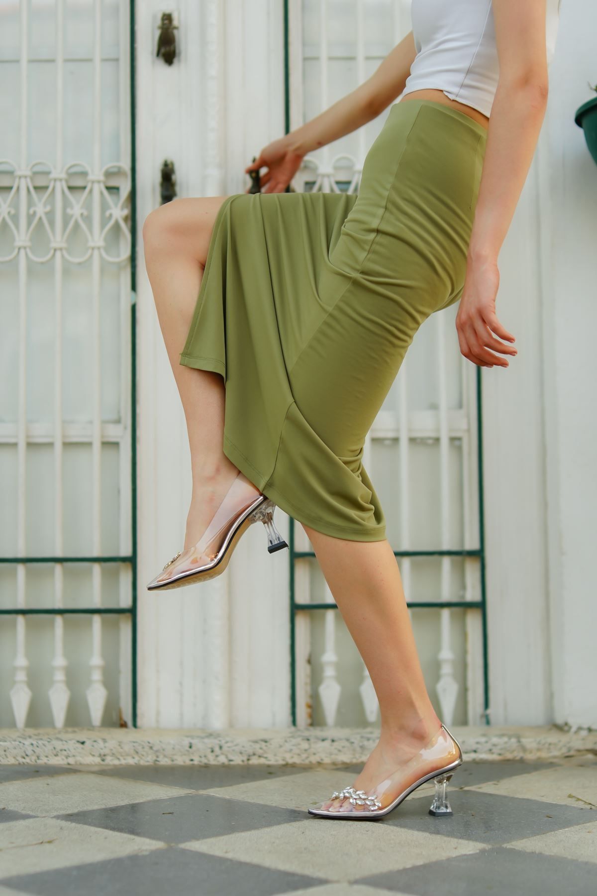 MODAADAM Kadın Mosena Taş Detaylı Şeffaf Topuklu Ayak - Gümüş