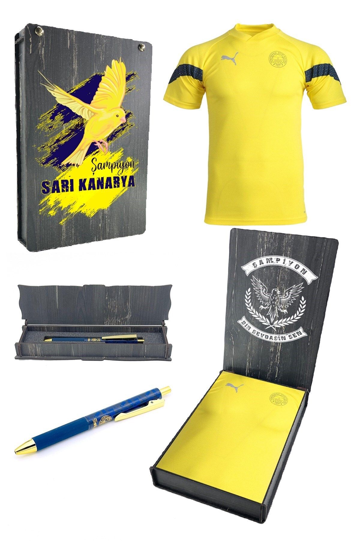 Fenerbahçe Orijinal Puma V Yaka Sarı Hoca Antrenman T-Shirt + Kalem Set Ahşap Kutulu
