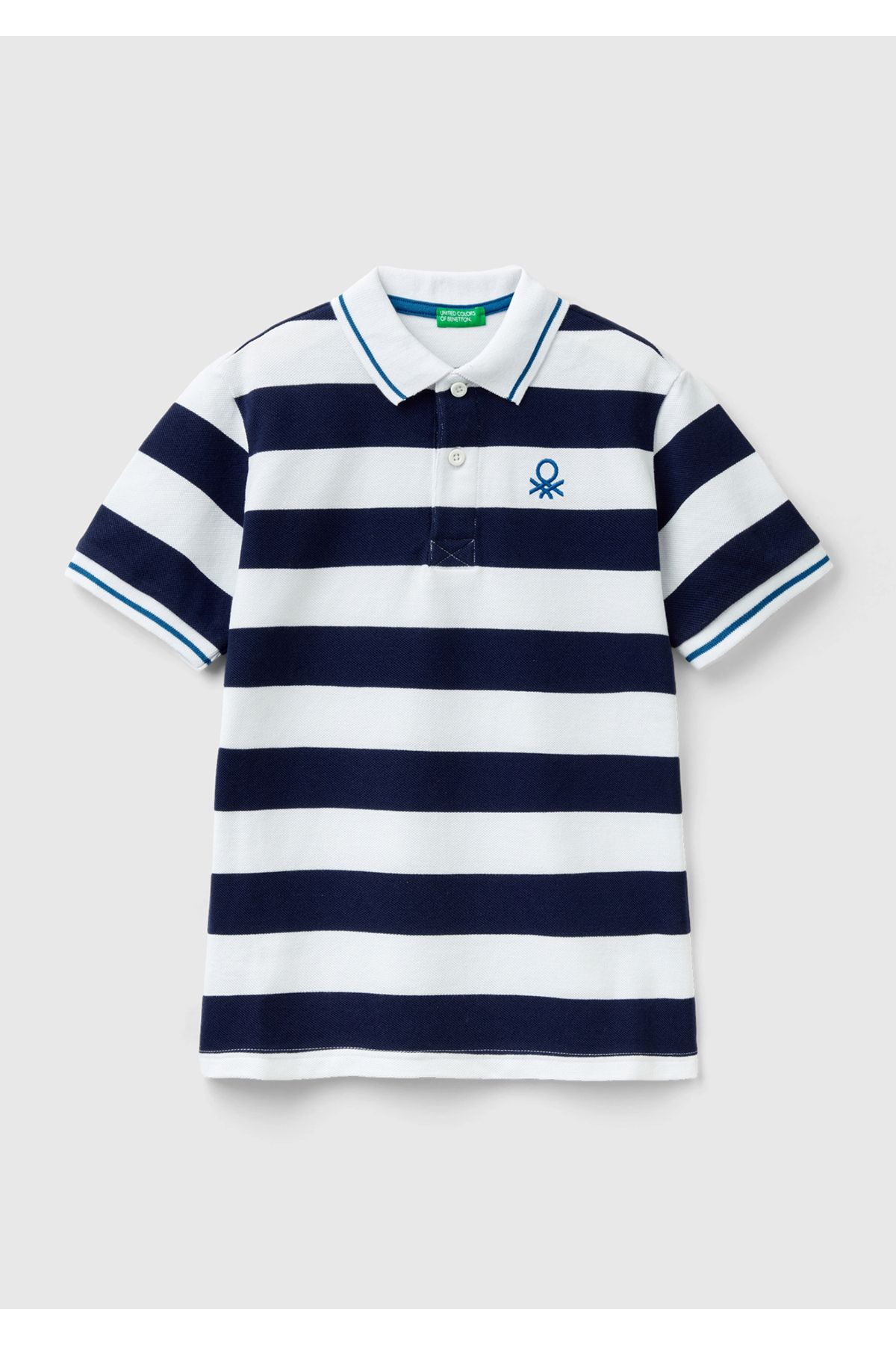 United Colors of Benetton Erkek Çocuk Lacivert-Beyaz Logo İşlemeli Çizgili Pike Polo T-Shirt