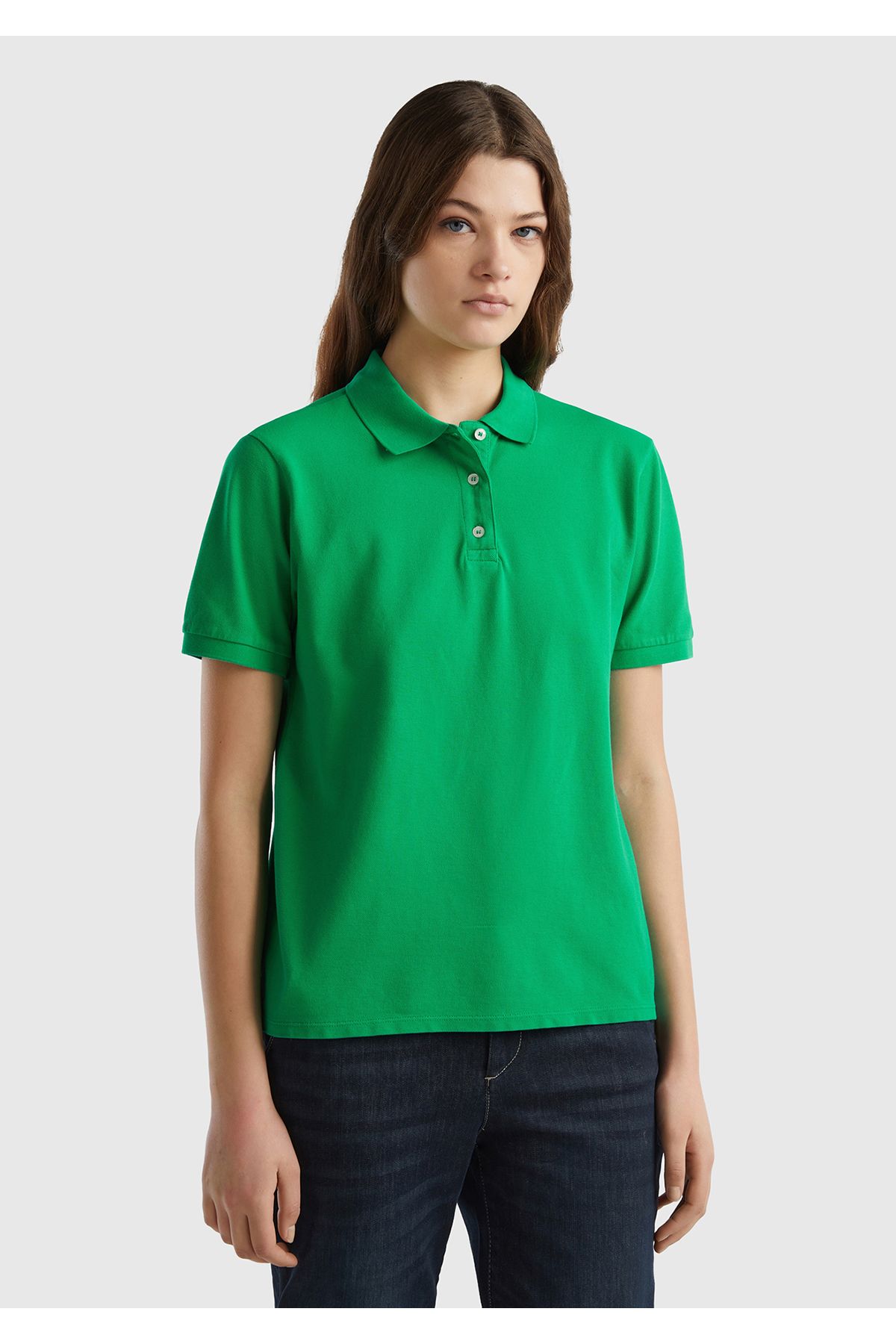 United Colors of Benetton Kadın Yeşil Streç Pamuklu Sol Altı Logo Baskılı Polo T-Shirt
