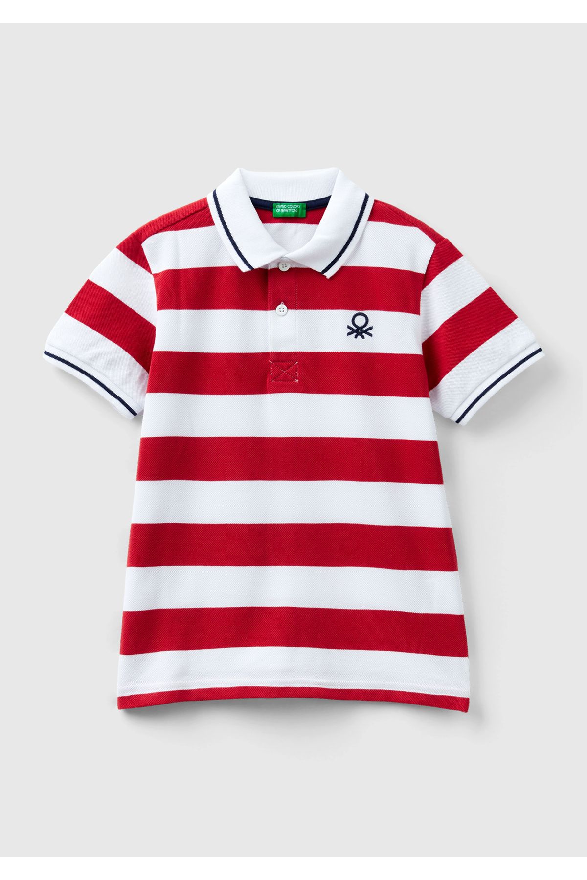 United Colors of Benetton Erkek Çocuk Kırmızı-Beyaz Logo İşlemeli Çizgili Pike Polo T-Shirt