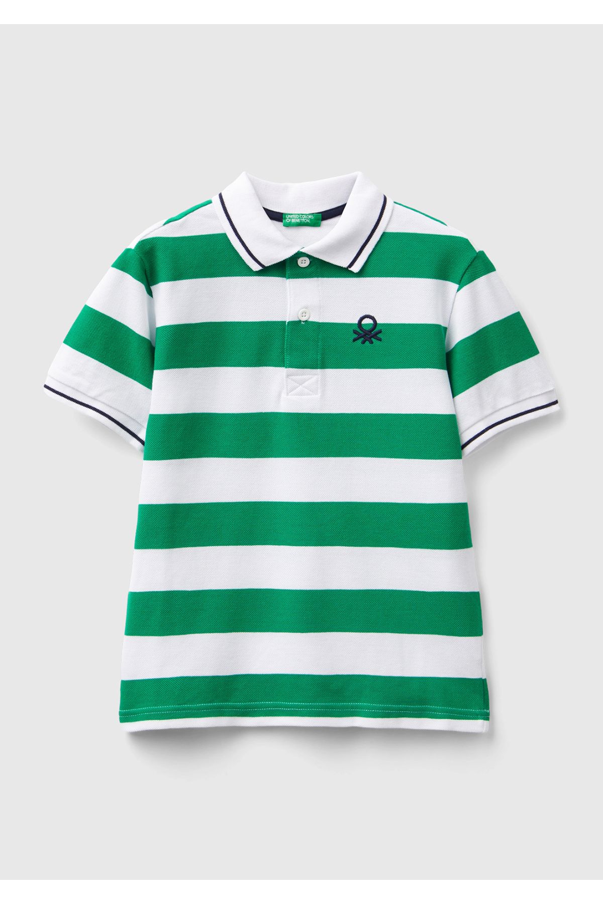 United Colors of Benetton Erkek Çocuk Yeşil-Beyaz Logo İşlemeli Çizgili Pike Polo T-Shirt