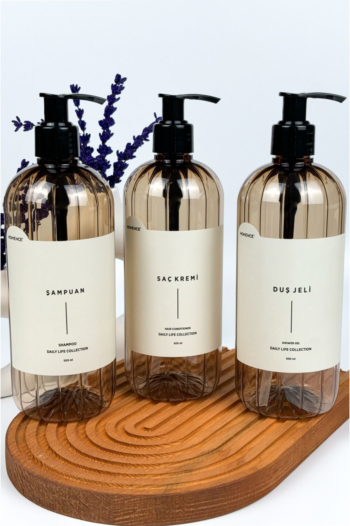 homence Şampuan Duş Jeli Saç Kremi Etiketli Pompalı Plastik Şişe Banyo Seti 3'lü Açık Kahverengi 500 ml