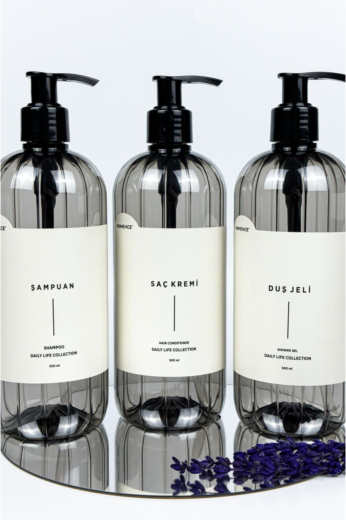 homence Şampuan Duş Jeli Saç Kremi Etiketli Pompalı Plastik Şişe Banyo Seti 3'lü Füme Sabunluk 500 ml