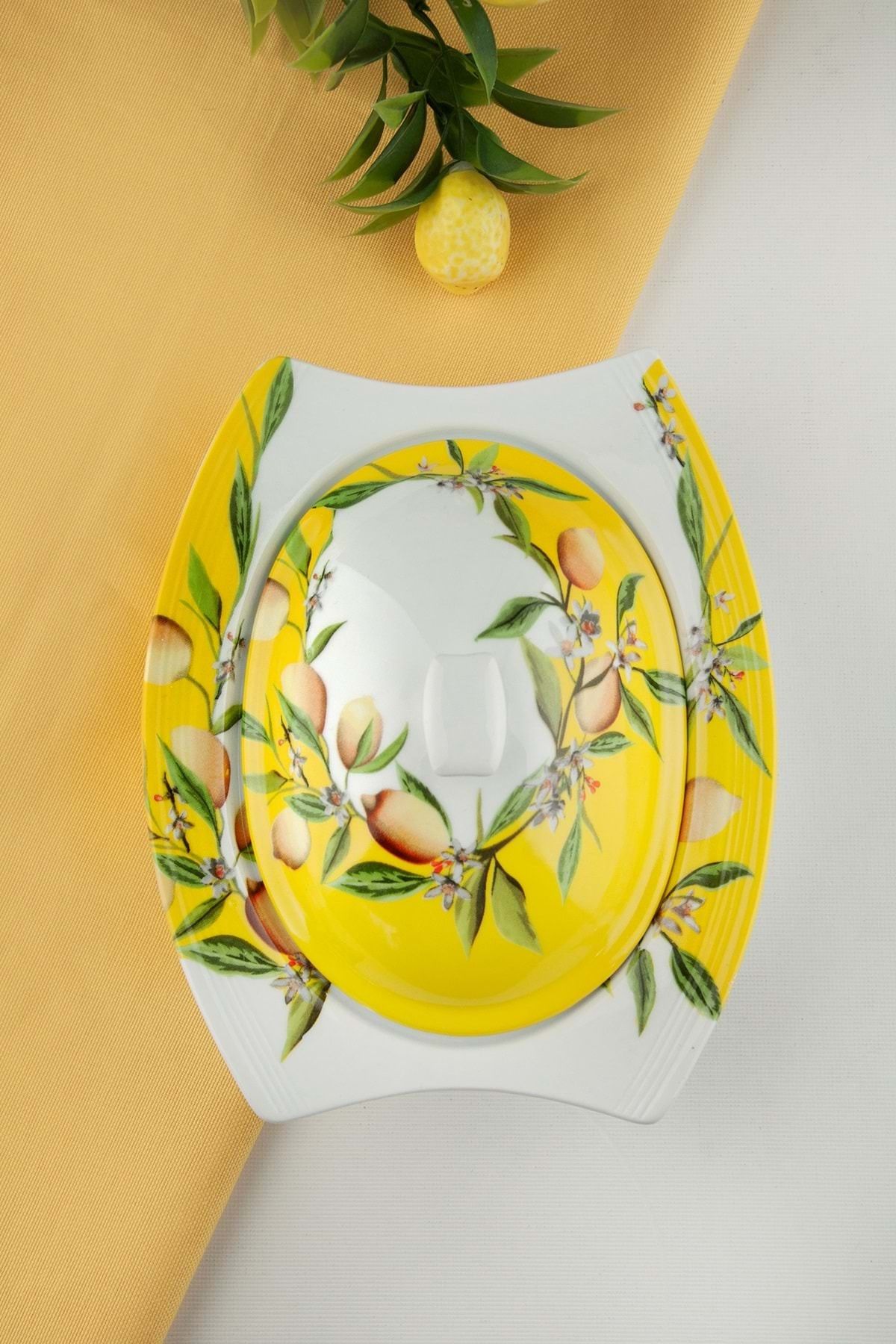 Bursa Porselen Dekor Limon çiçeği kapaklı porselen tereyağlık