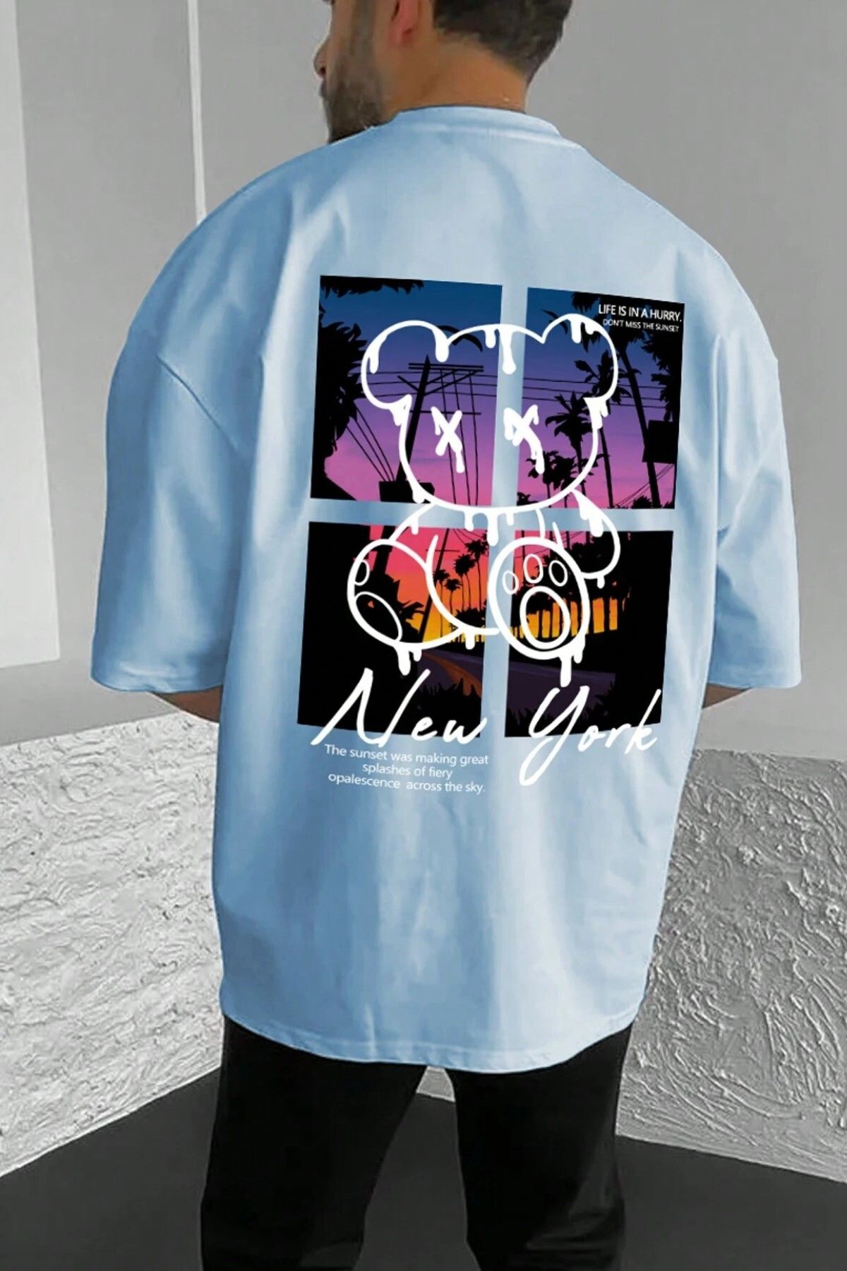 MODAGEN Erkek Oversize Bebe Mavi Newyork Sırt Baskılı T-shirt