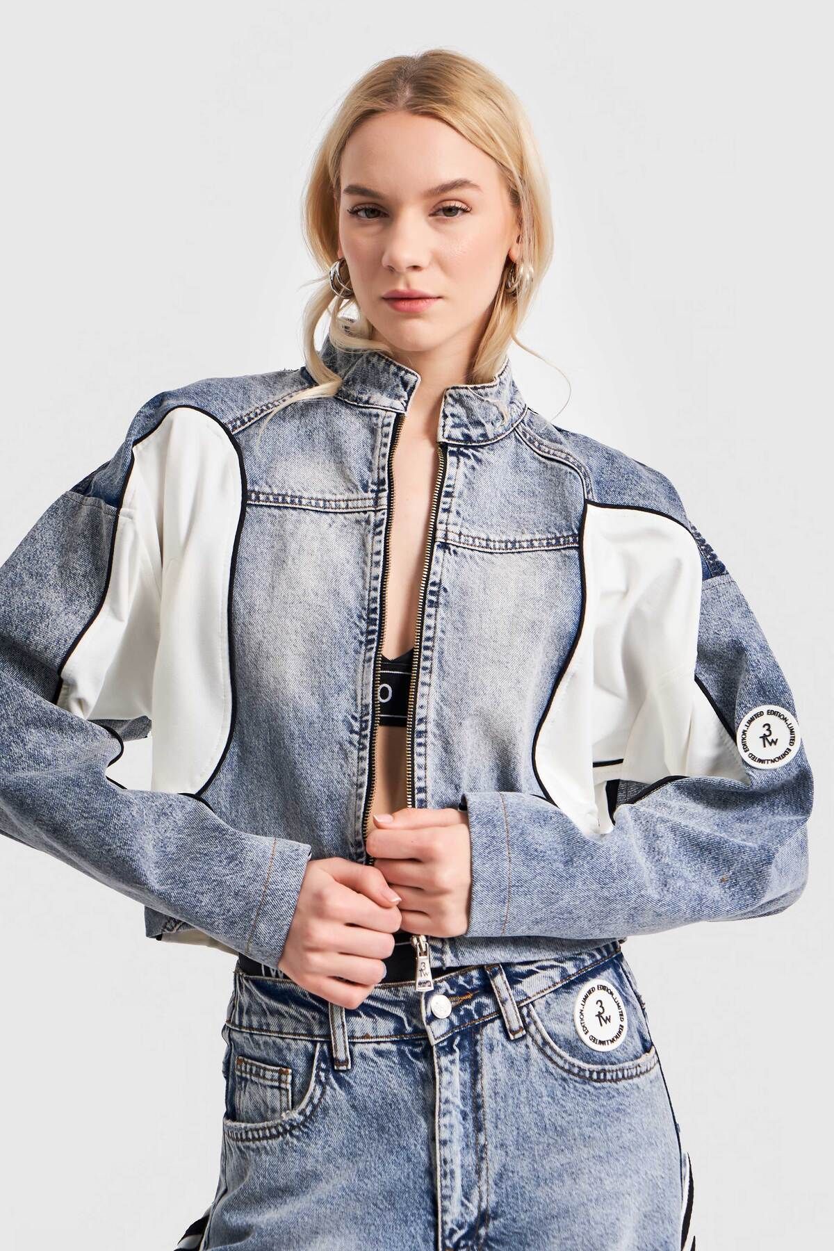 its basic Kadın Tint Kot Rengi Şerit Detaylı Bol Kesim Tasarım Ceket