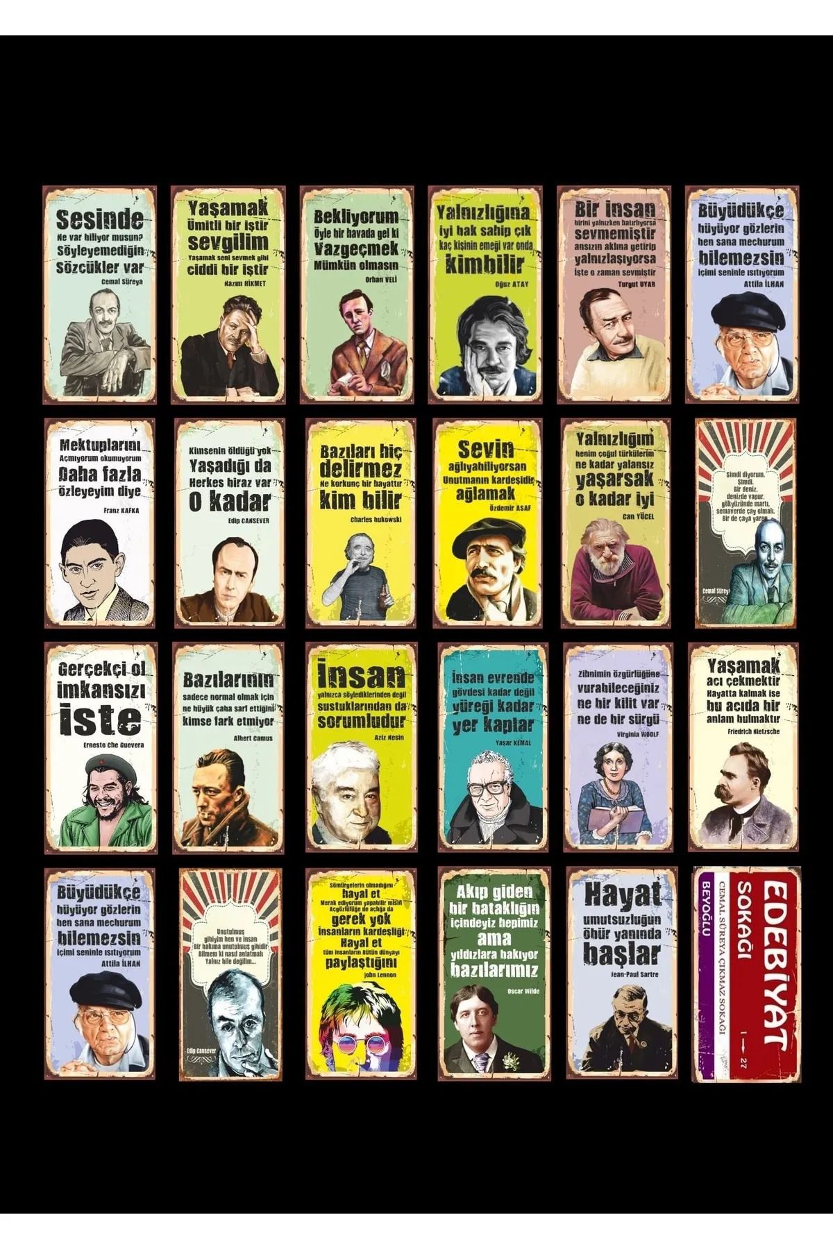 Hayat Poster Edebiyat Sokağı Şairler Ve Yazarlar Retro Ahşap Poster Seti 24 Lü