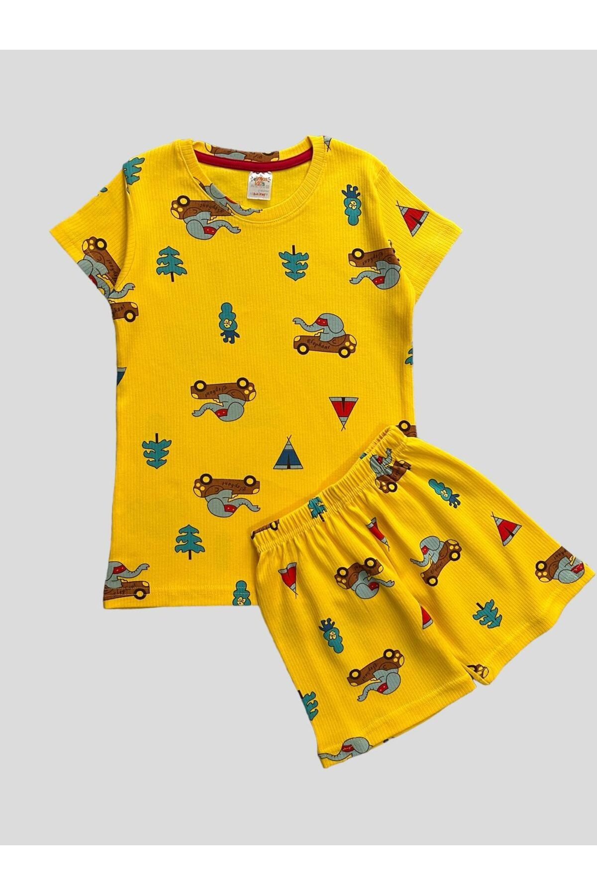 elmas kids Erkek Çocuk Pamuklu Araba Fil Ağaç Desenli Fitilli Kumaş Sarı Kısa Kollu Şortlu Pijama Takımı