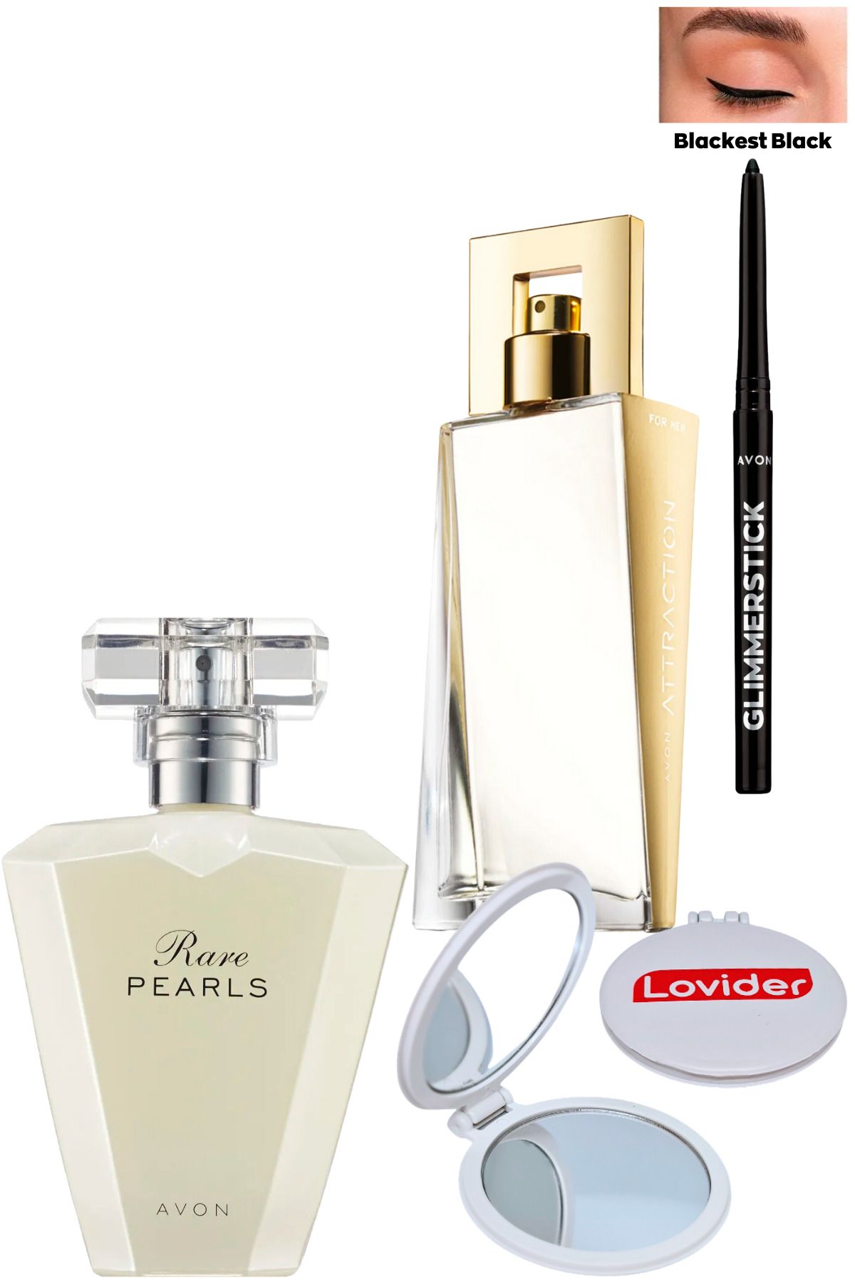 Avon Rare Pearls 50ml + Attraction 50ml Kadın Parfüm + Siyah Göz Kalemi + Lovider Cep Aynası