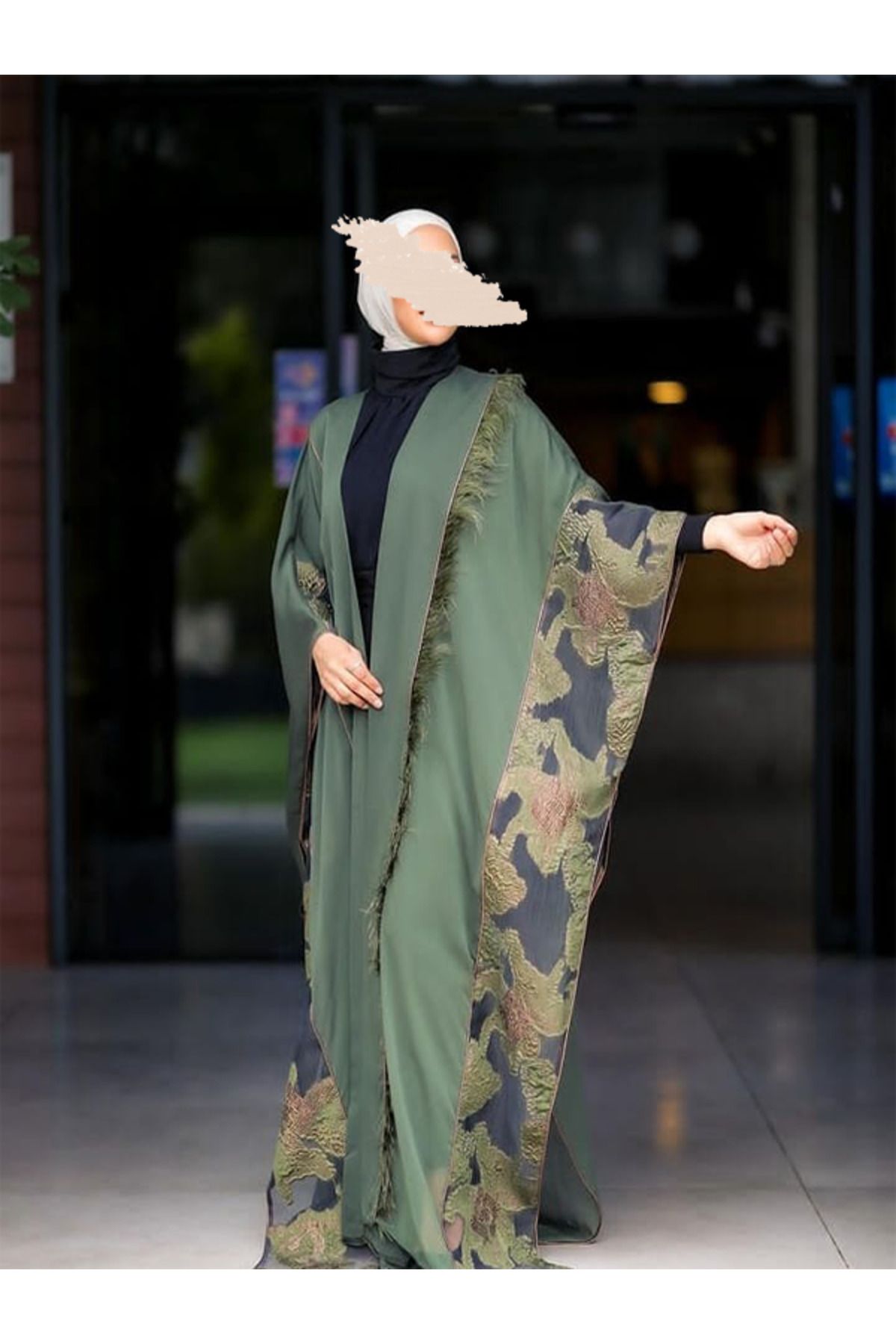 fiore fashion Yeşil Kaftan Abaya Takımı Türkiye Müslüman Elbise Kaftan Islam Ferace , Bisht Ince Kumaşı