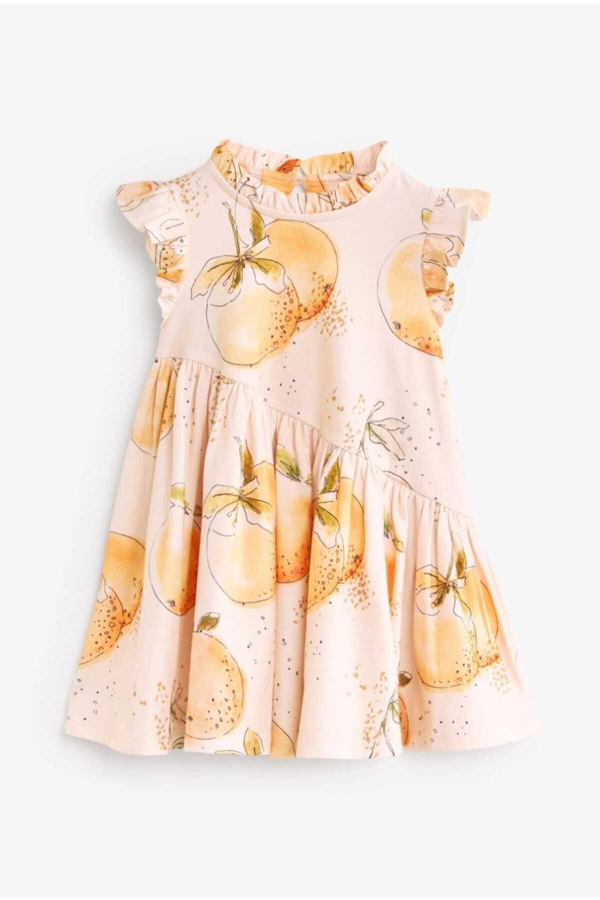 Next Baby %100 Pamuk Kol Detaylı Meyve Desenli Elbise
