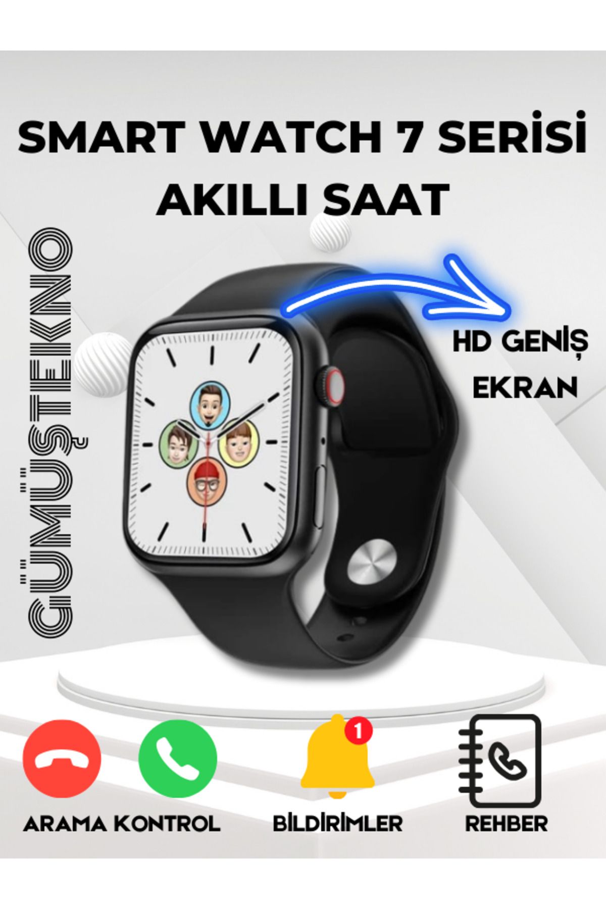 GÜMÜŞTEKNO Watch 7 Serisi - HD Ekranlı 45mm Akıllı Saat Xiaomi 14 Uyumlu