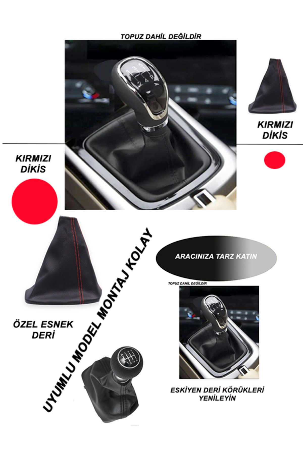 Onzx OZ   KIA CERATO 2015 Uyumlu Araç,Araba,Oto vites körüğü kırmızı dikiş