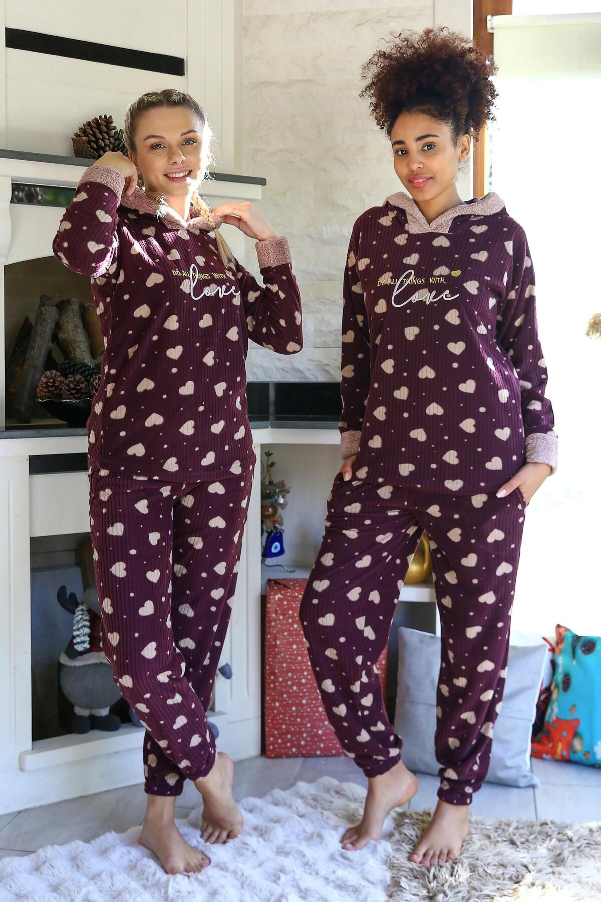Akbeniz Welsoft Polar Kadın Kapşonlu Pijama Takımı 8513