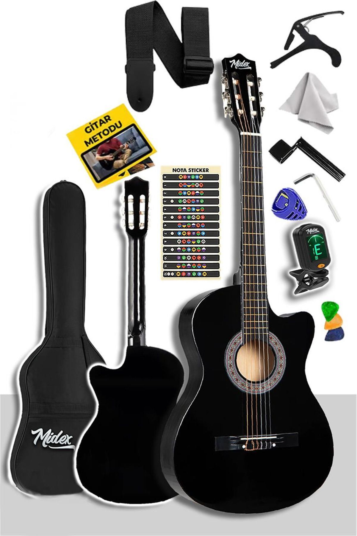 Midex Cg-395bk Siyah Klasik Gitar 4/4 Sap Ayarlı Kesik Kasa Full Set (ÇANTA ASKI TUNER METOD PENA)
