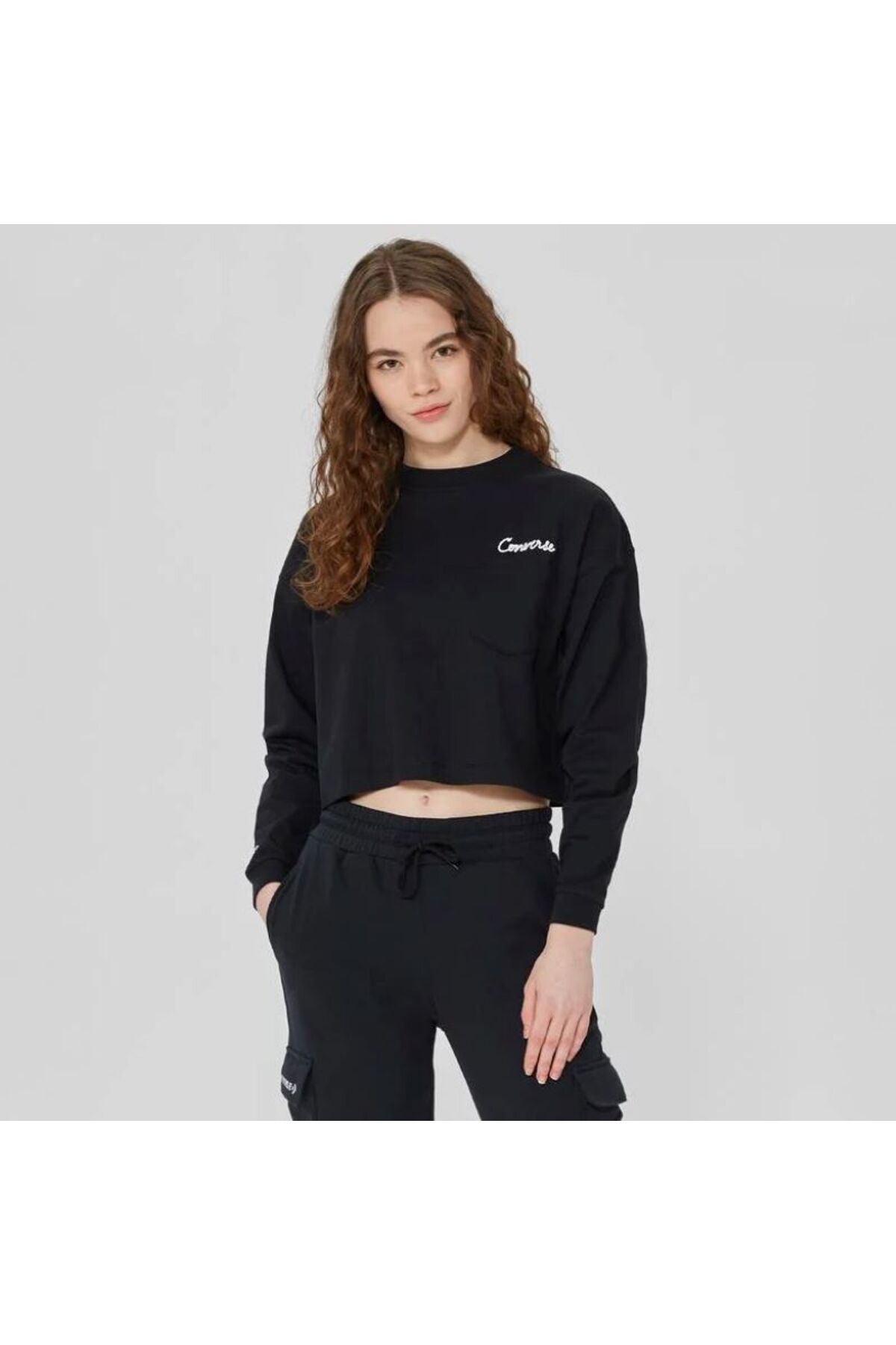 Converse Fashion Crop Ls Pocket Top Kadın Siyah Sweatshirt