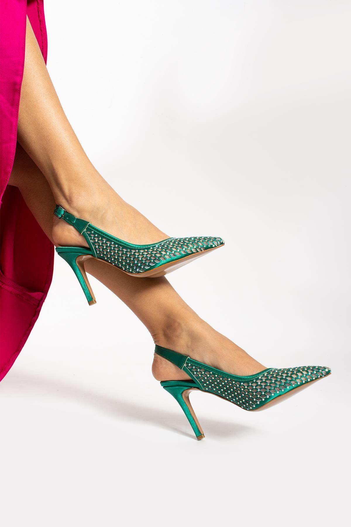 Gökçe Shoes Cindy Yeşil Arkasi Açik Taşli Gerçek Deri Kadin Topuklu Ayakkabı