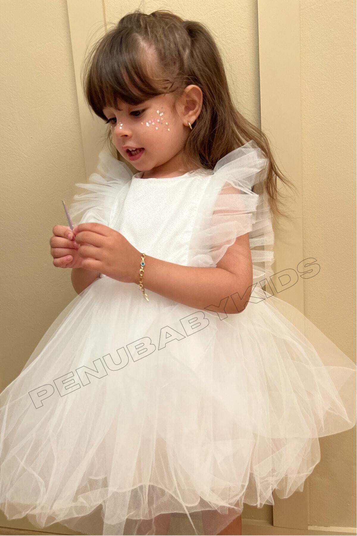 penu baby kids Beyaz Tüllü Kolsuz Kız Bebek Elbise - Christie