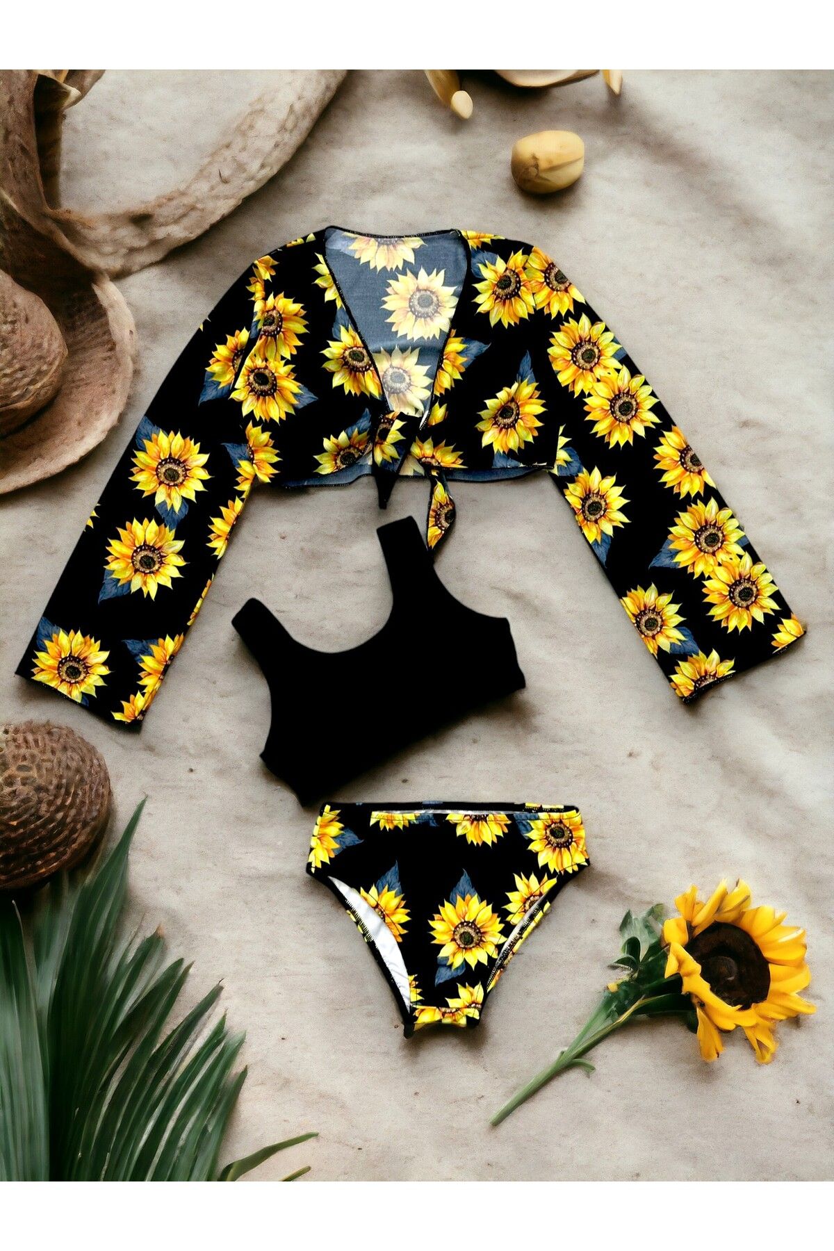 Lolliboomkids Yeni Sezon Kız Çocuk Ay Çiçeği / Sunflower Desen Siyah Sarı Renk Pareolu Bikini Takımı 3'lü Set