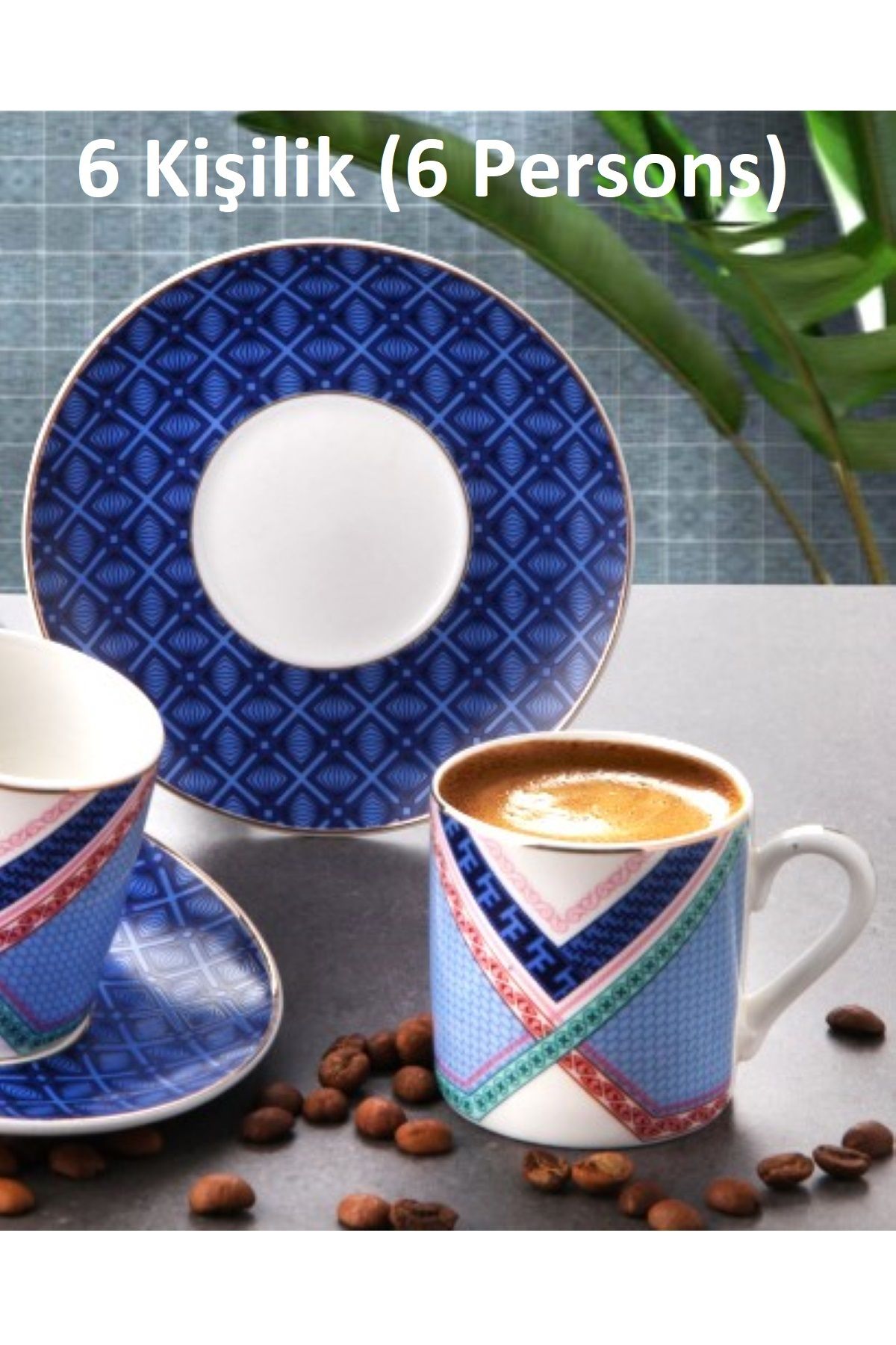 Pinkev 6 Kişilik Porselen Altın Yaldızlı Mavi Renk Desenli Kahve Fincanı Fincan Takımı Seti