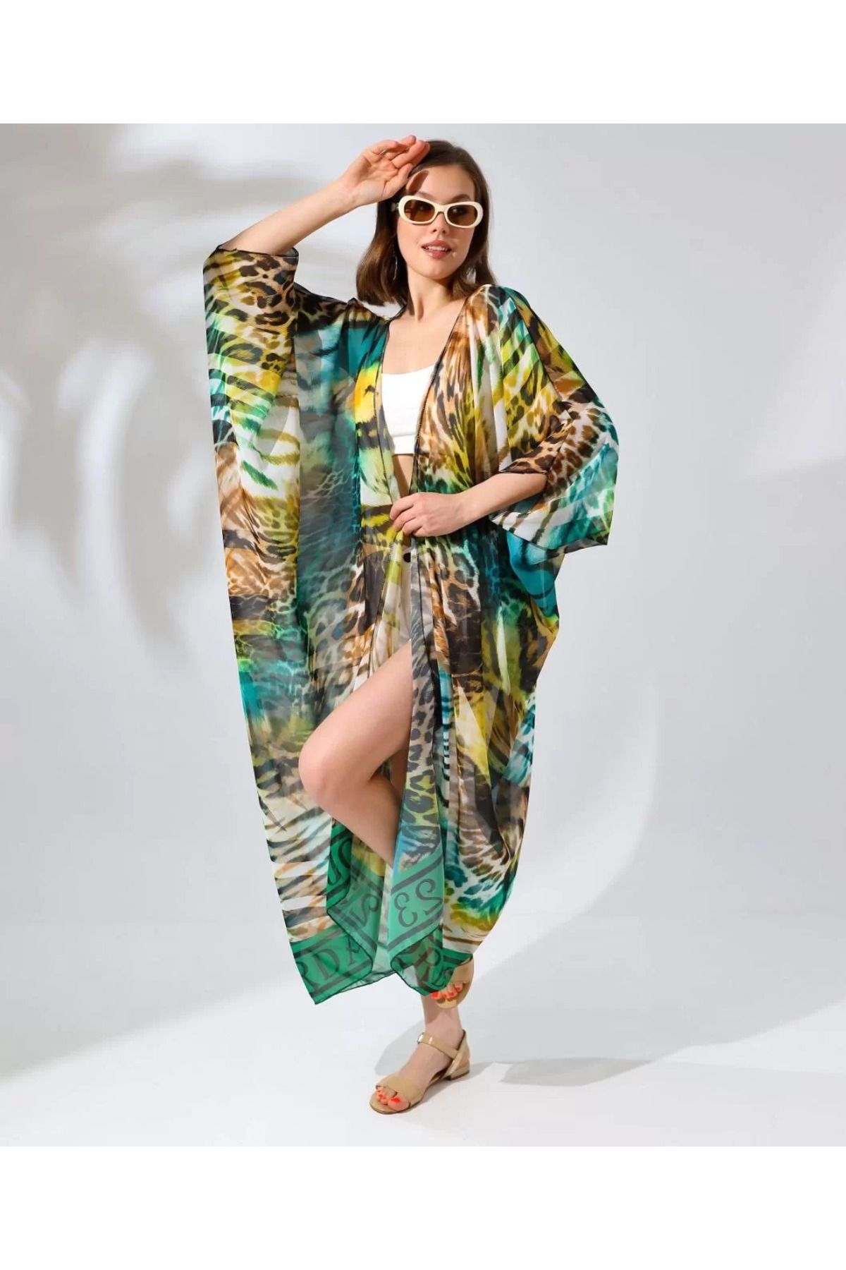 Moda Mimarisi Kadın Rahat Kesim Kemerli Şifon Kimono - Leopar