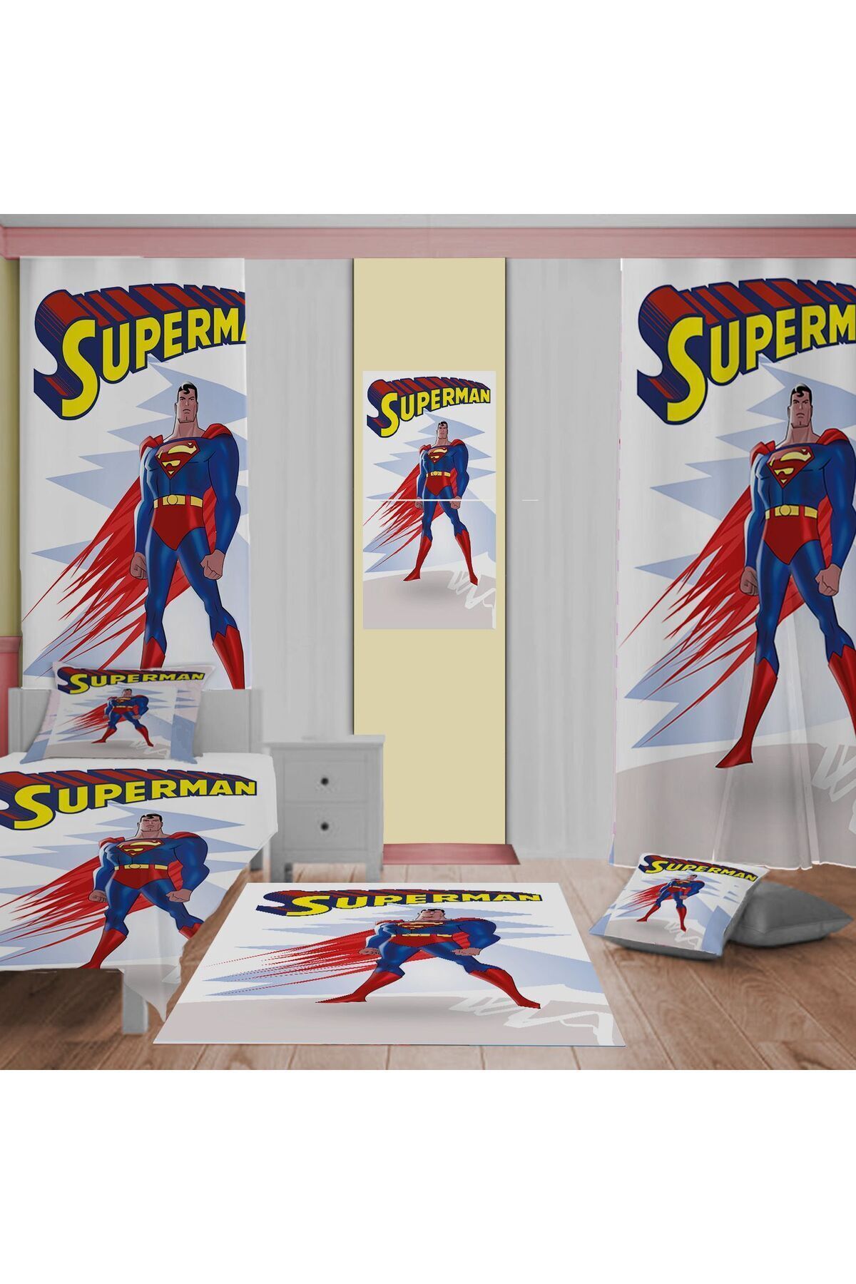 Evan Home Superman Desenli Çocuk Odası Takım Perde (iki Kanat),Yatak Örtüsü,Yastık,Kırlent ,Halı,Tablo