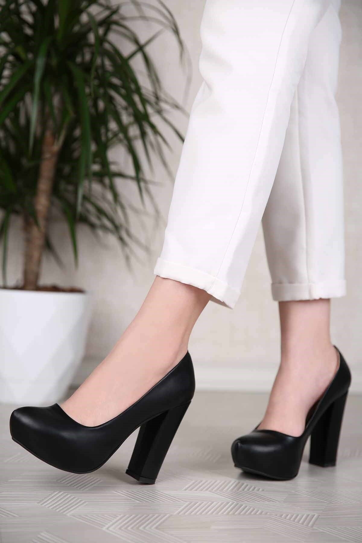Ccway Kadın Platform Topuklu Ayakkabı Siyah Cilt